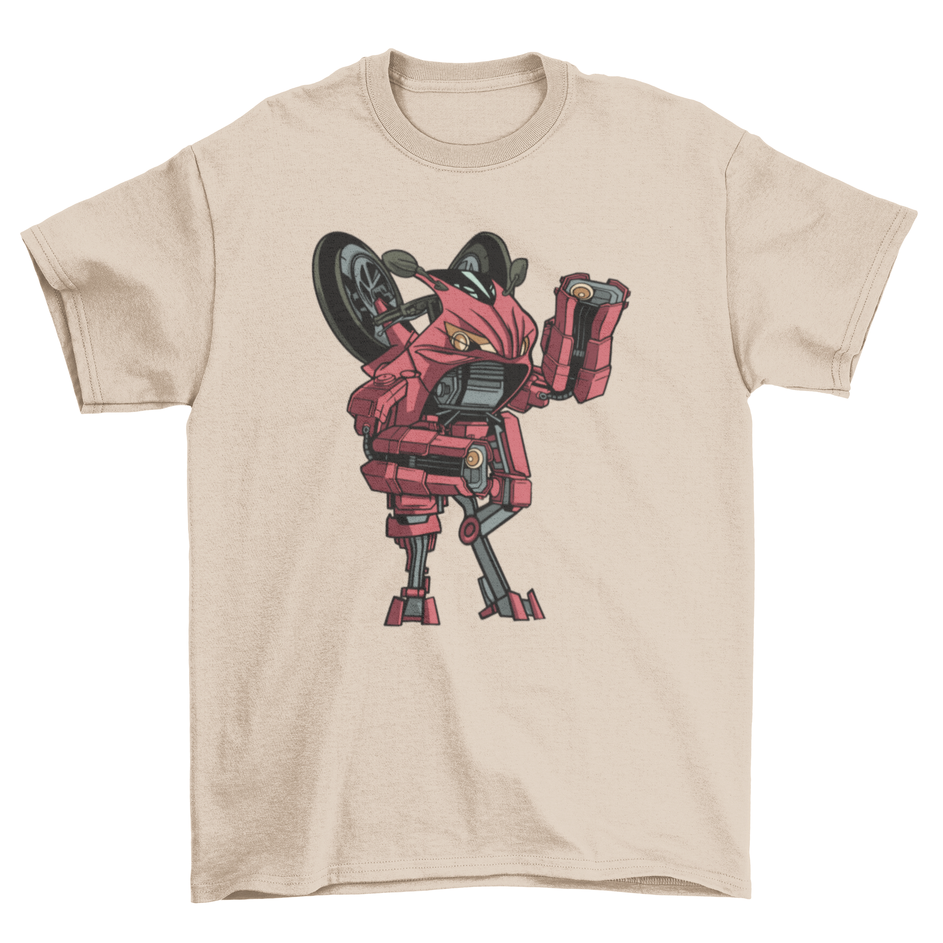 A vibrant red T-shirt featuring a creative design of a bike transformed into a robot, showcasing a unique blend of cycling and futuristic themes.