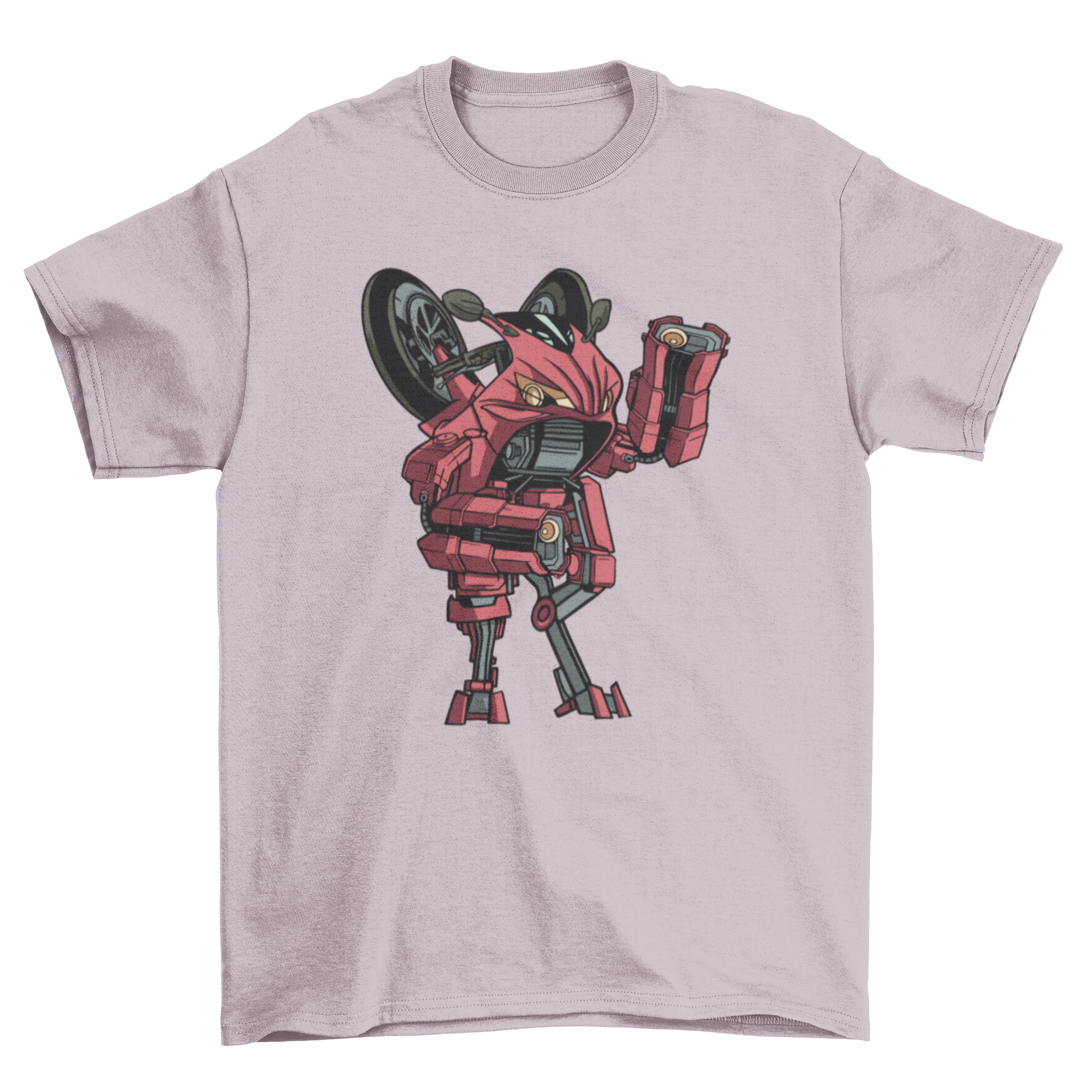 A vibrant red T-shirt featuring a creative design of a bike transformed into a robot, showcasing a unique blend of cycling and futuristic themes.