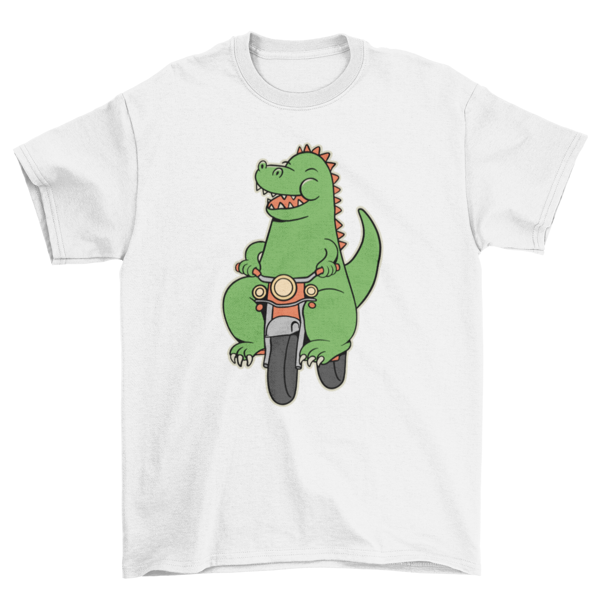 A colorful cartoon dinosaur riding a small motorcycle on a t-shirt, showcasing a fun and playful design.