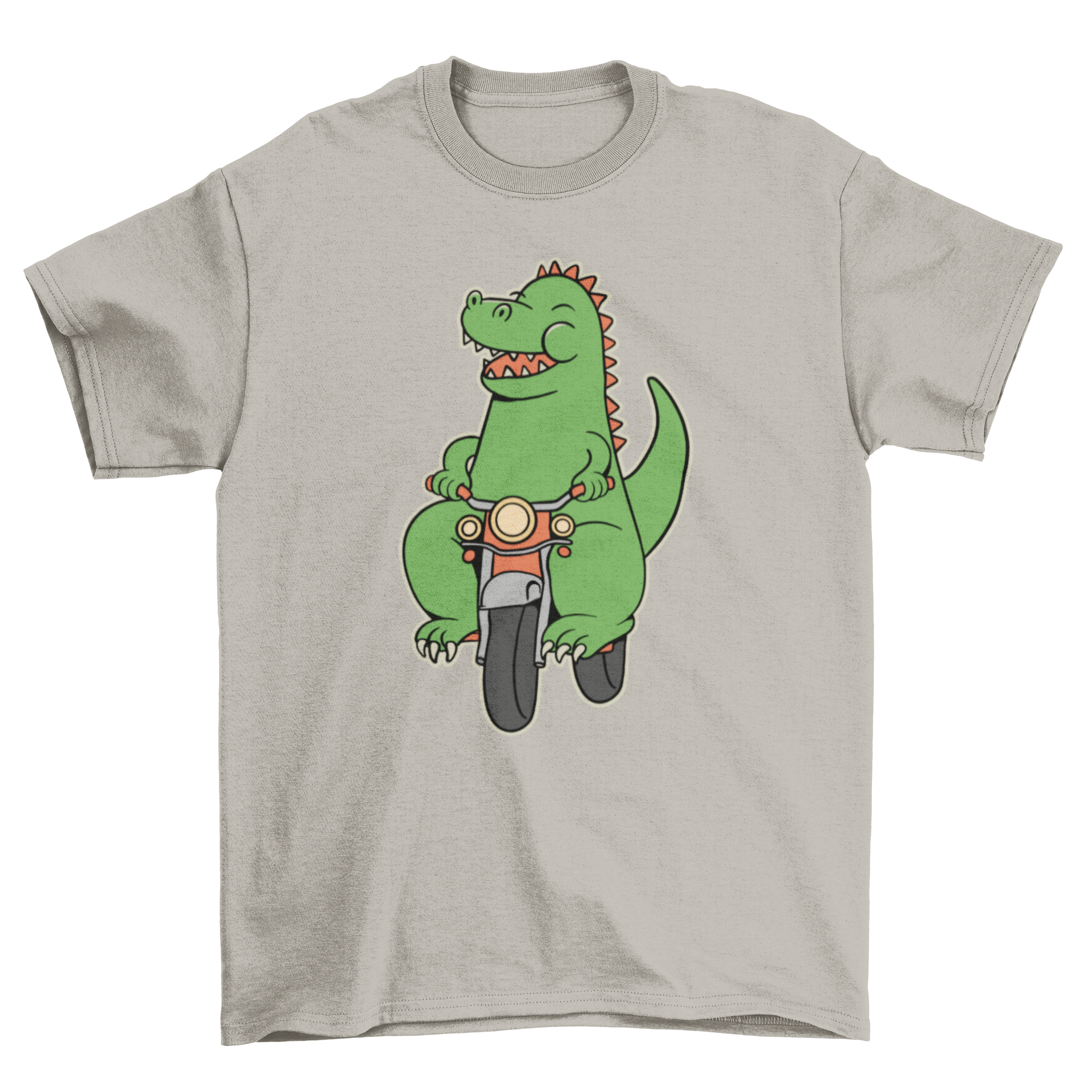 A colorful cartoon dinosaur riding a small motorcycle on a t-shirt, showcasing a fun and playful design.