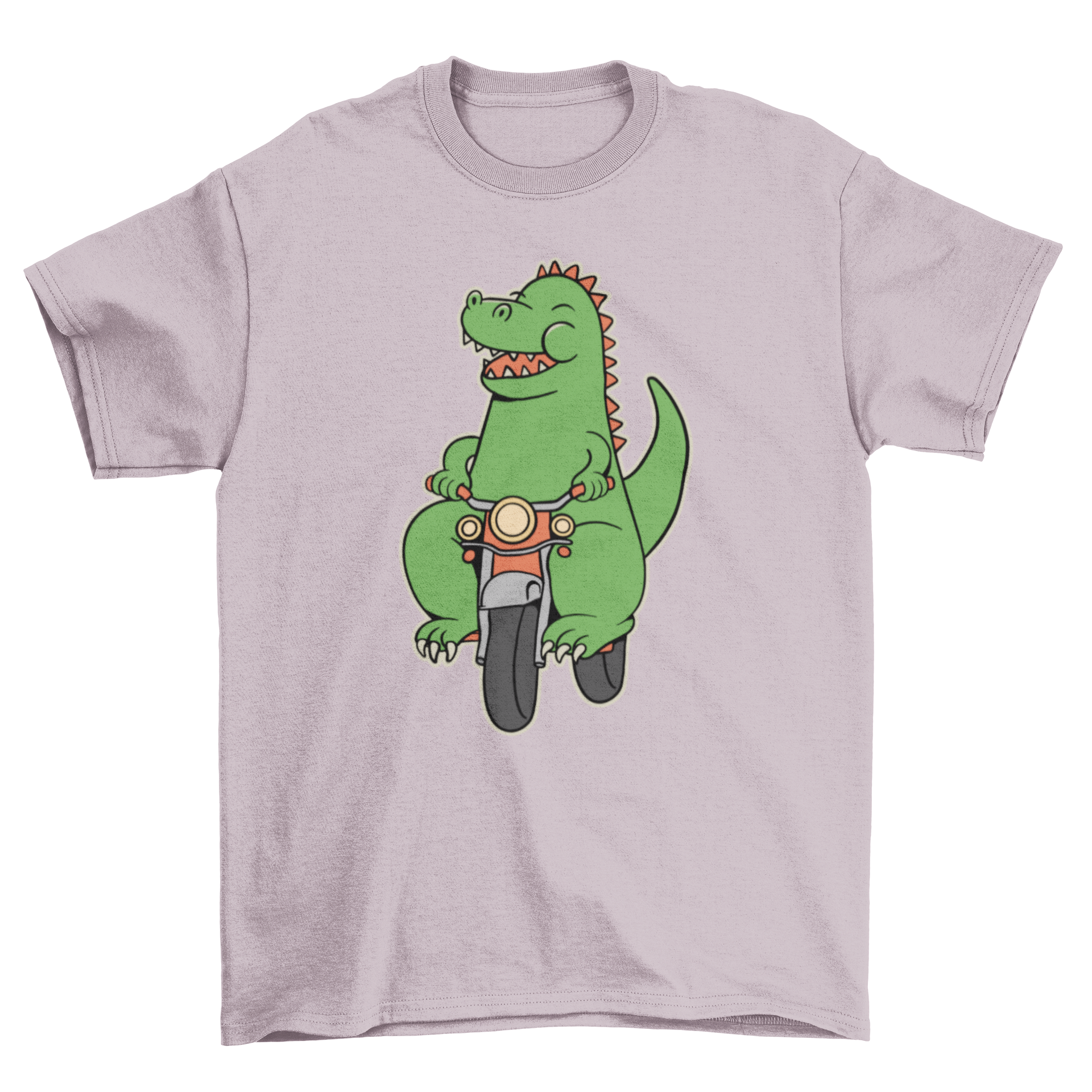 A colorful cartoon dinosaur riding a small motorcycle on a t-shirt, showcasing a fun and playful design.