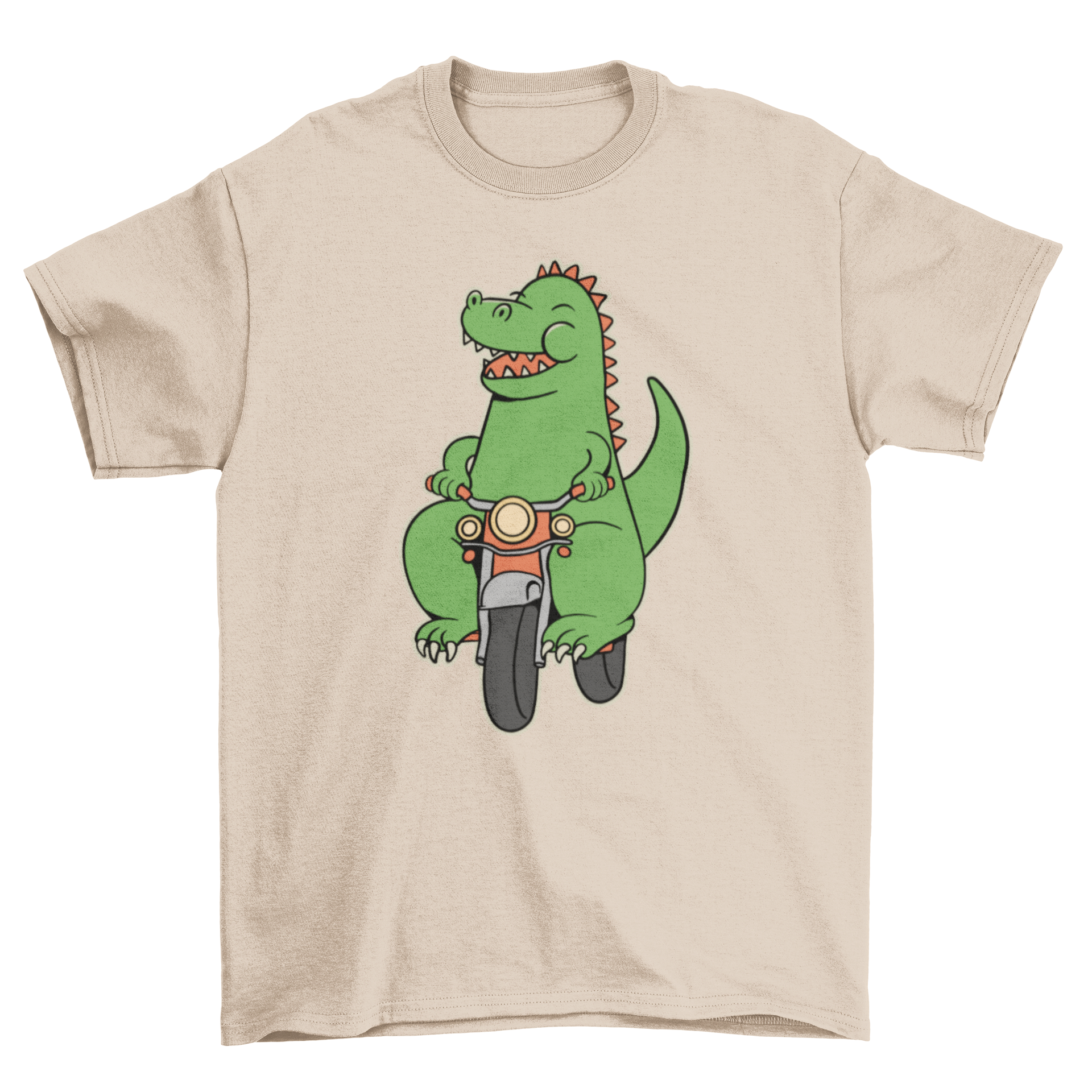 A colorful cartoon dinosaur riding a small motorcycle on a t-shirt, showcasing a fun and playful design.