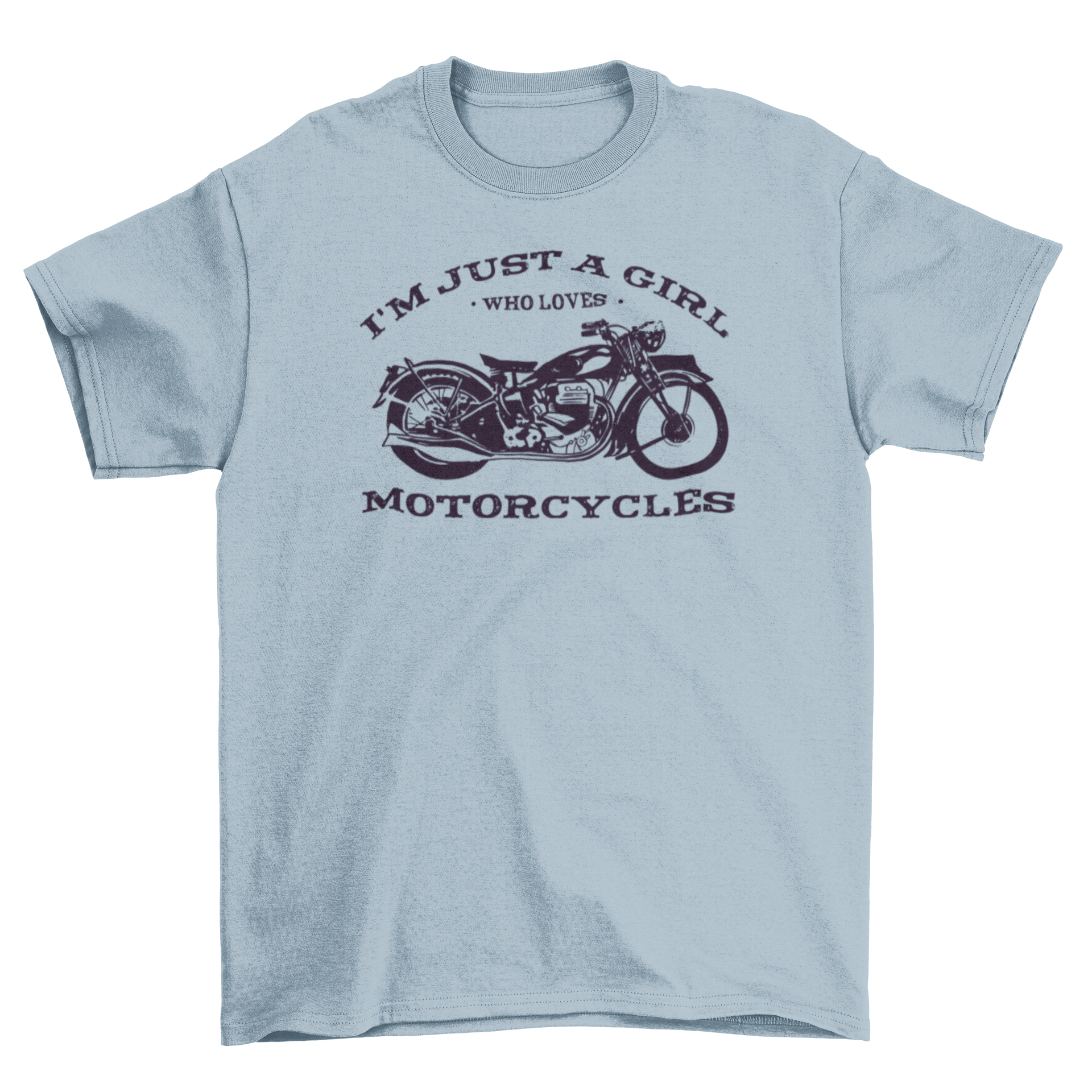 Biker girl quote t-shirt featuring a black motorbike and the quote 'I'm just a girl who loves motorcycles'.