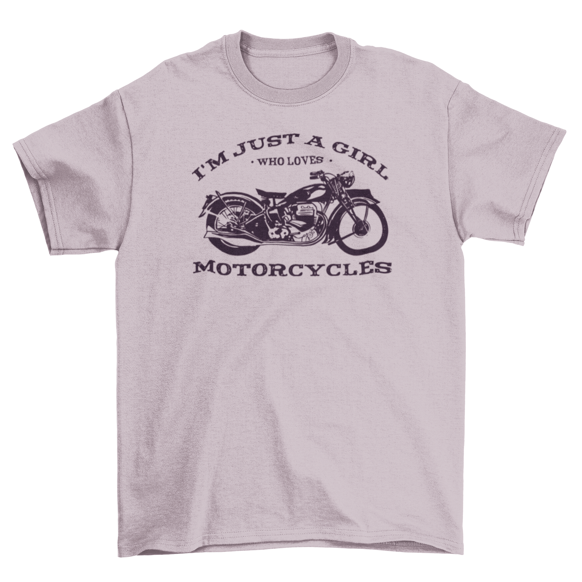 Biker girl quote t-shirt featuring a black motorbike and the quote 'I'm just a girl who loves motorcycles'.