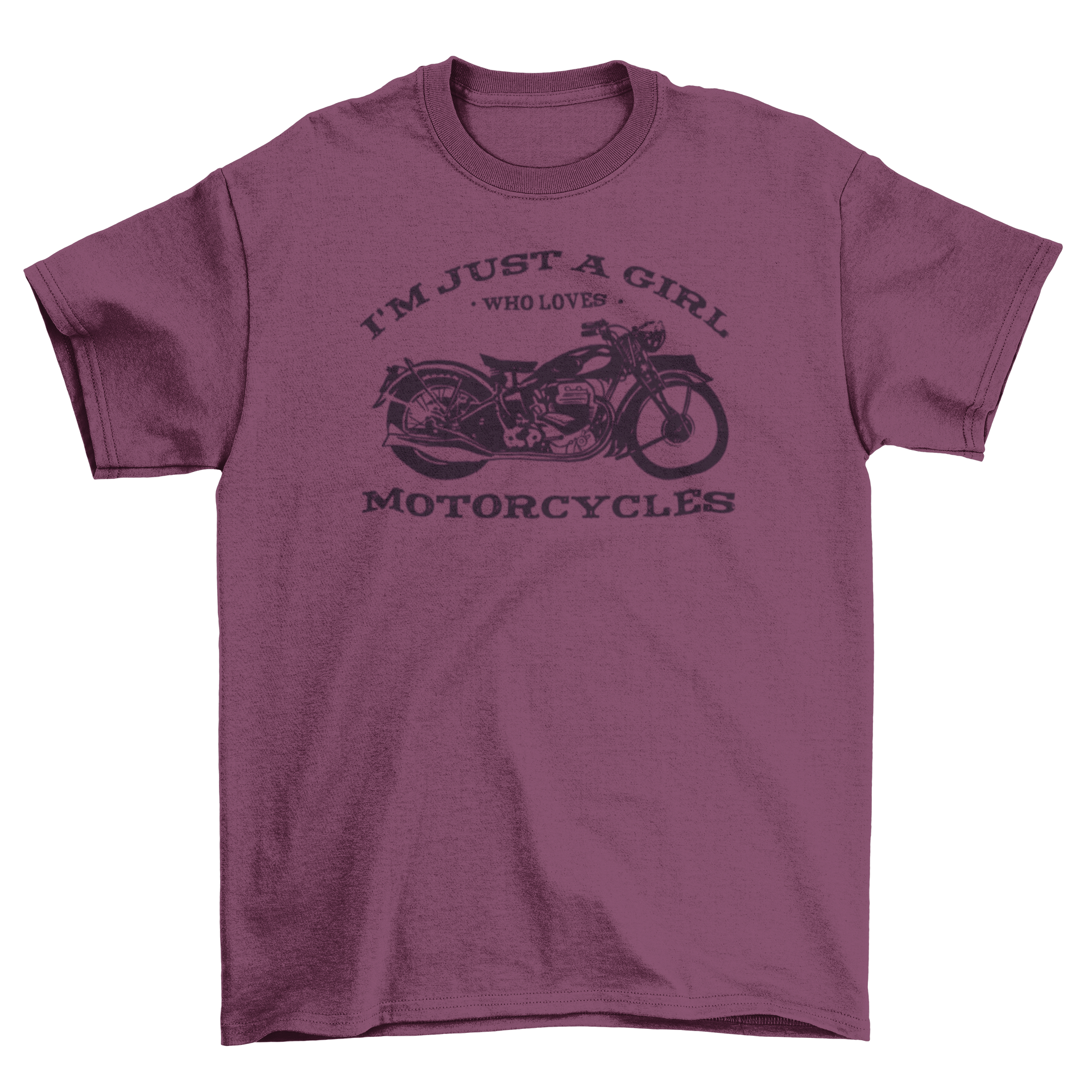 Biker girl quote t-shirt featuring a black motorbike and the quote 'I'm just a girl who loves motorcycles'.