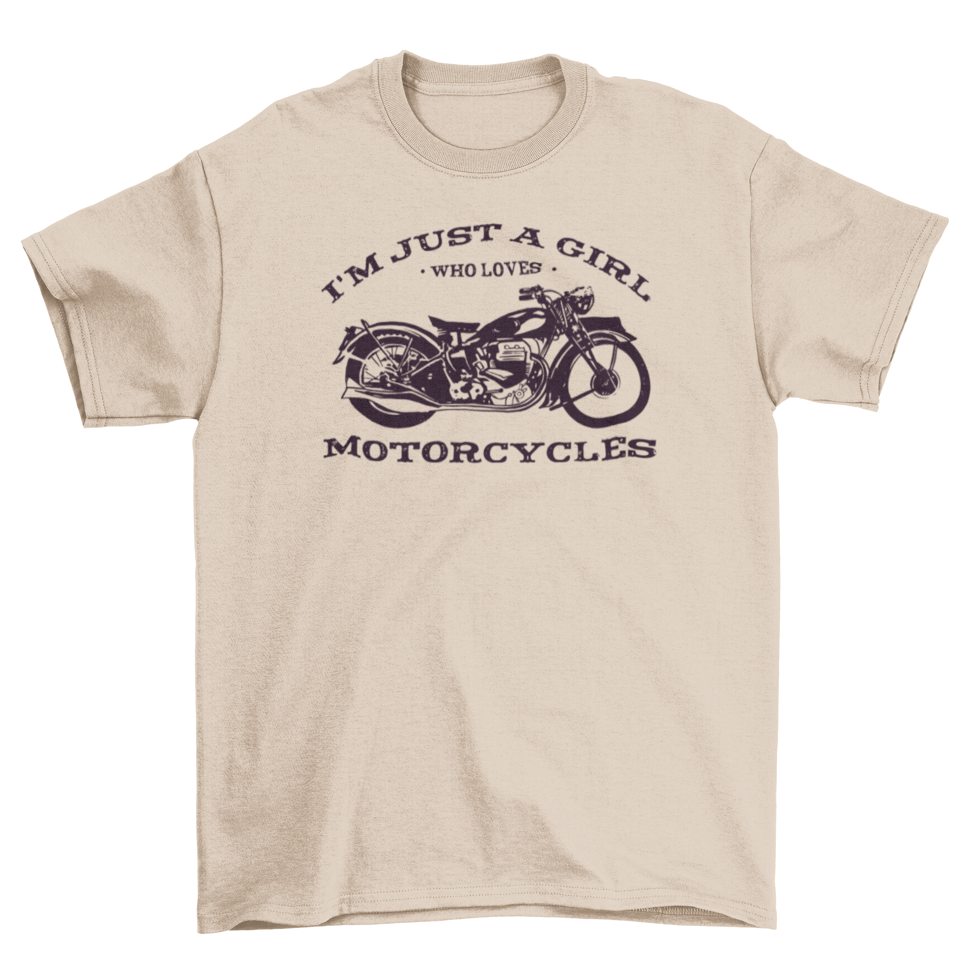 Biker girl quote t-shirt featuring a black motorbike and the quote 'I'm just a girl who loves motorcycles'.