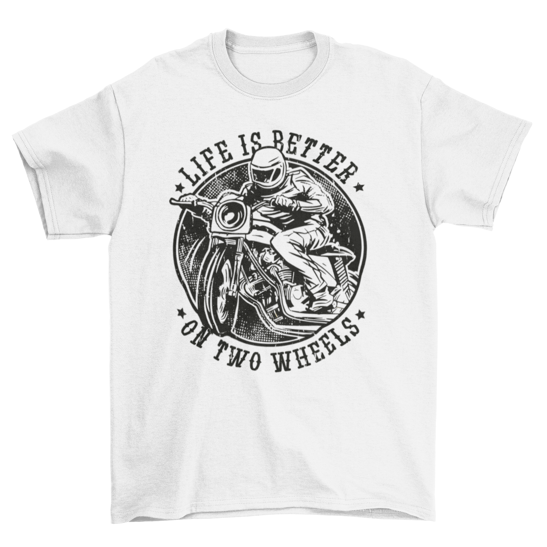 Biker t-shirt featuring a biker on a motorbike with the quote 'Life is better on two wheels'.