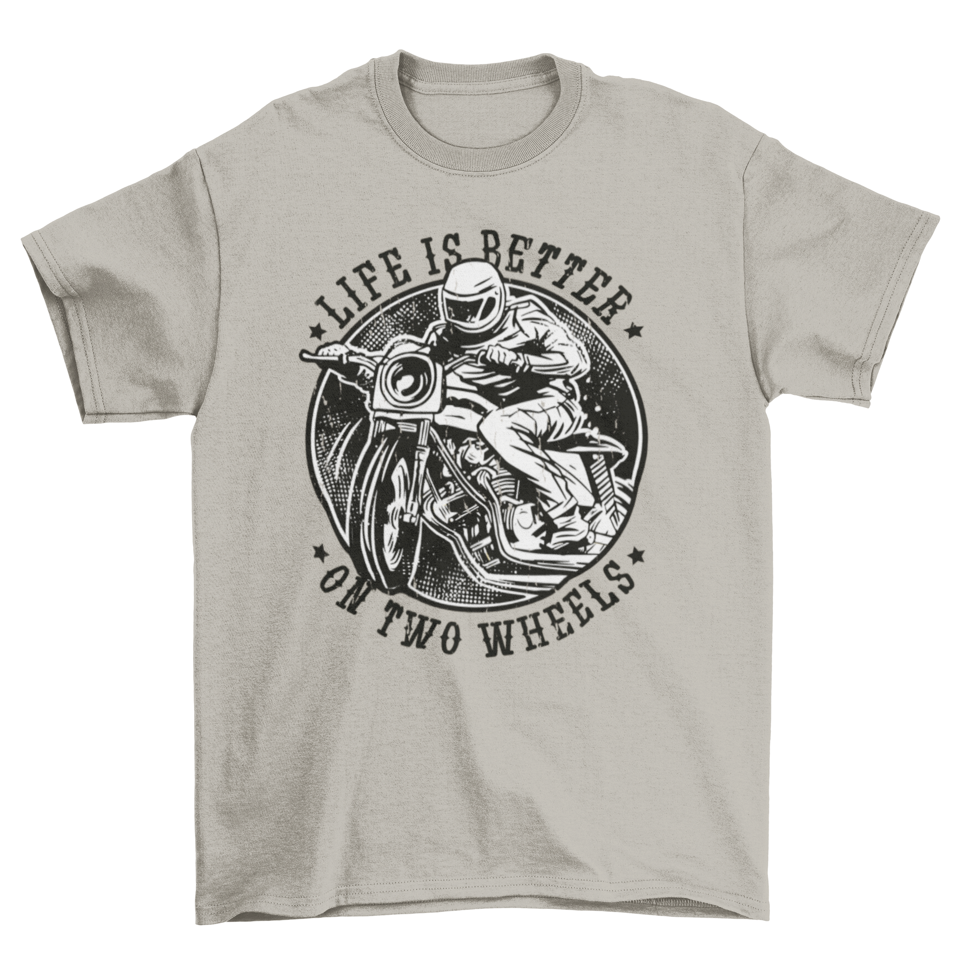 Biker t-shirt featuring a biker on a motorbike with the quote 'Life is better on two wheels'.