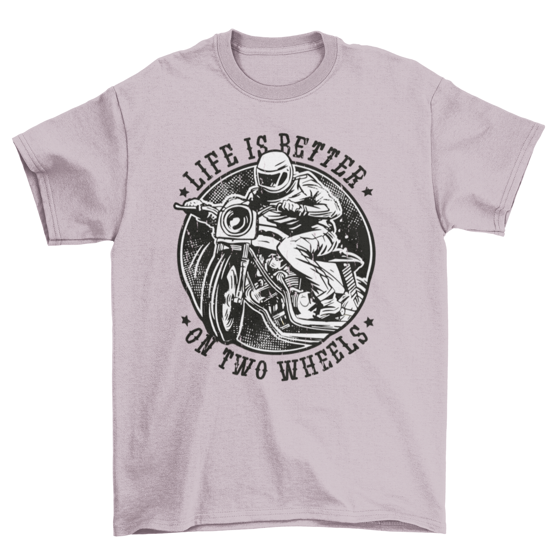 Biker t-shirt featuring a biker on a motorbike with the quote 'Life is better on two wheels'.