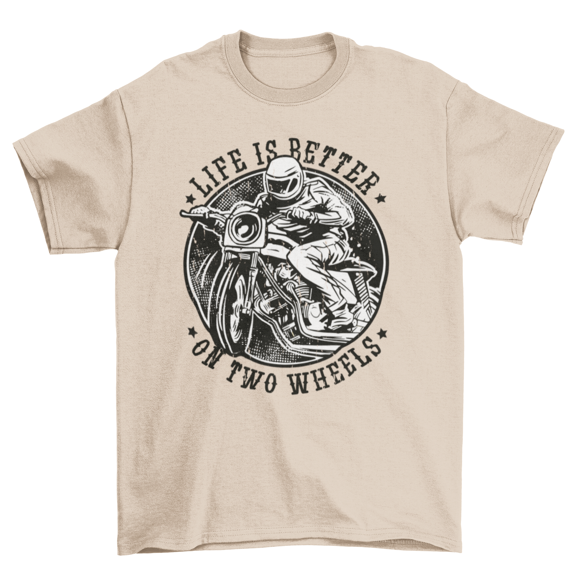 Biker t-shirt featuring a biker on a motorbike with the quote 'Life is better on two wheels'.