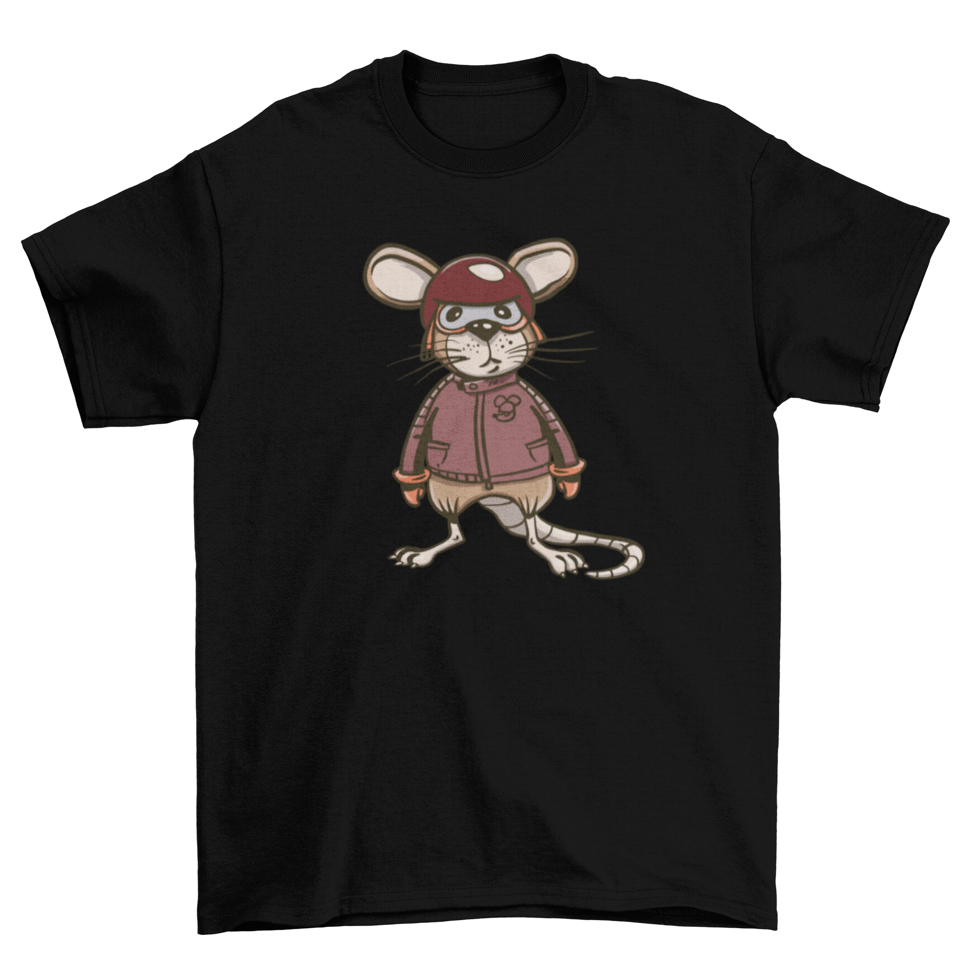 A humorous t-shirt featuring a rat dressed as a biker, showcasing a fun and unique design.