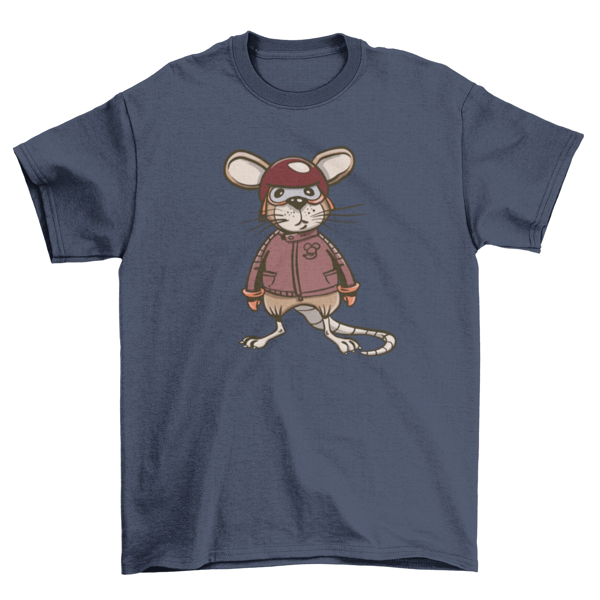 A humorous t-shirt featuring a rat dressed as a biker, showcasing a fun and unique design.