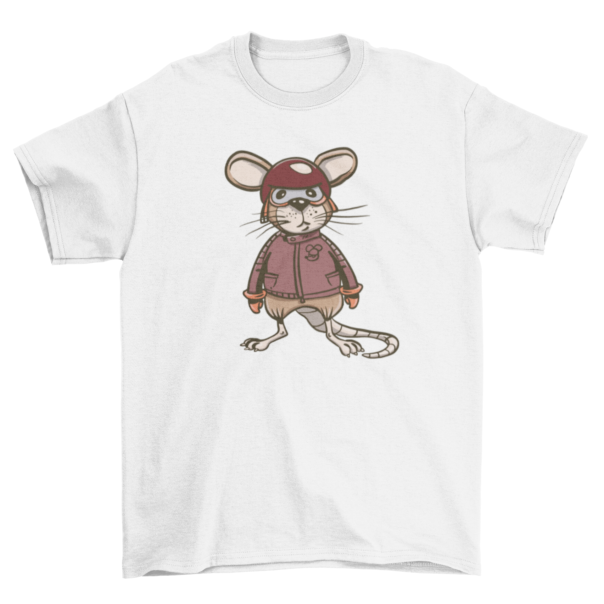 A humorous t-shirt featuring a rat dressed as a biker, showcasing a fun and unique design.