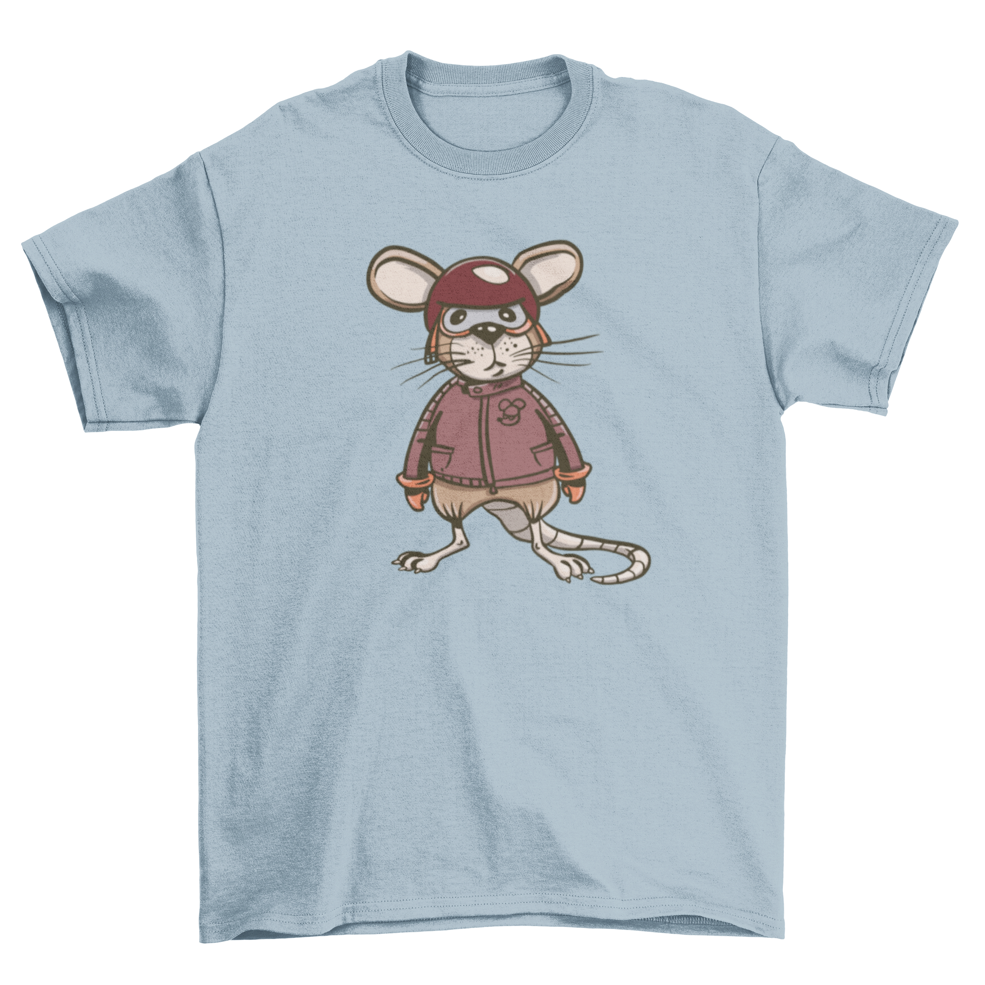 A humorous t-shirt featuring a rat dressed as a biker, showcasing a fun and unique design.