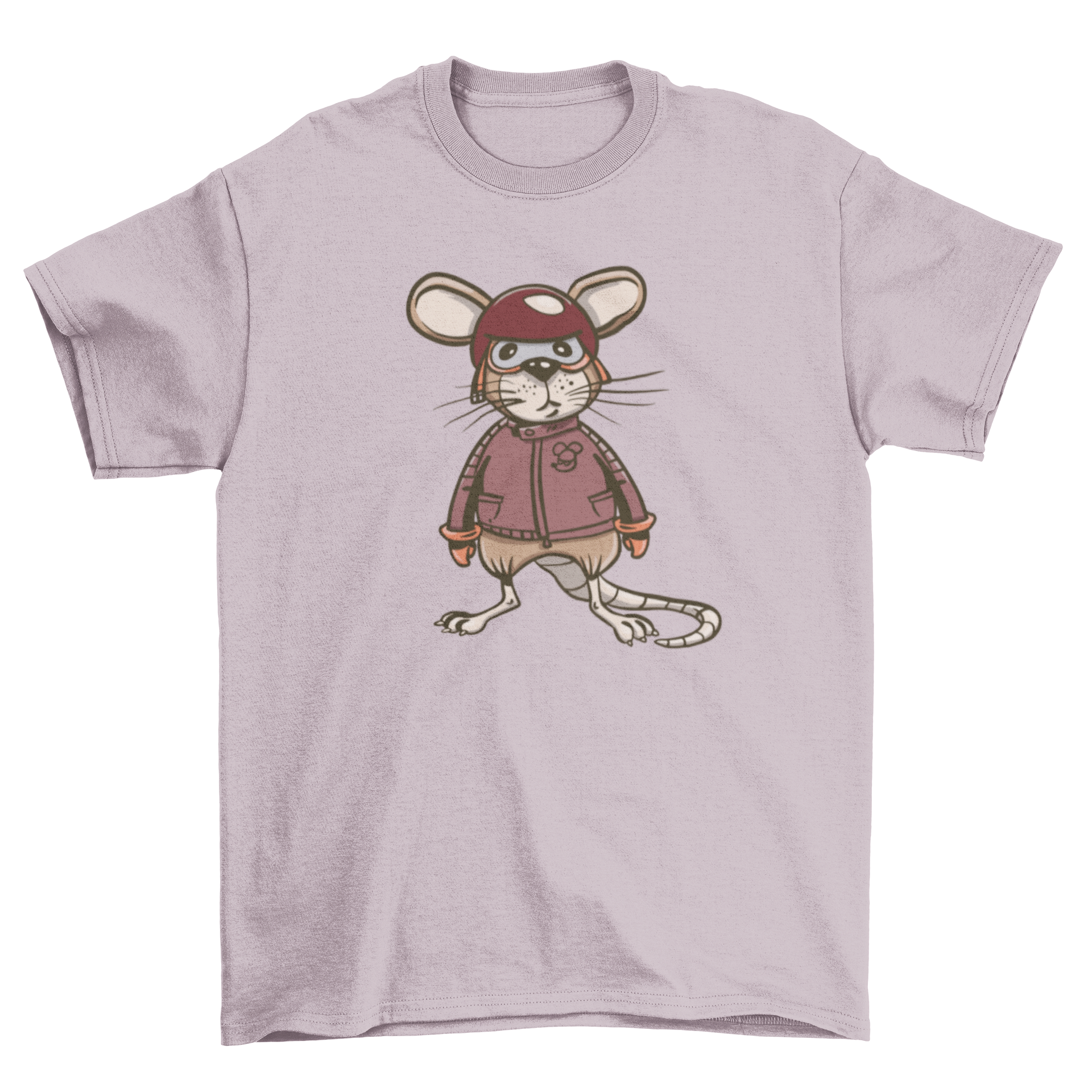 A humorous t-shirt featuring a rat dressed as a biker, showcasing a fun and unique design.