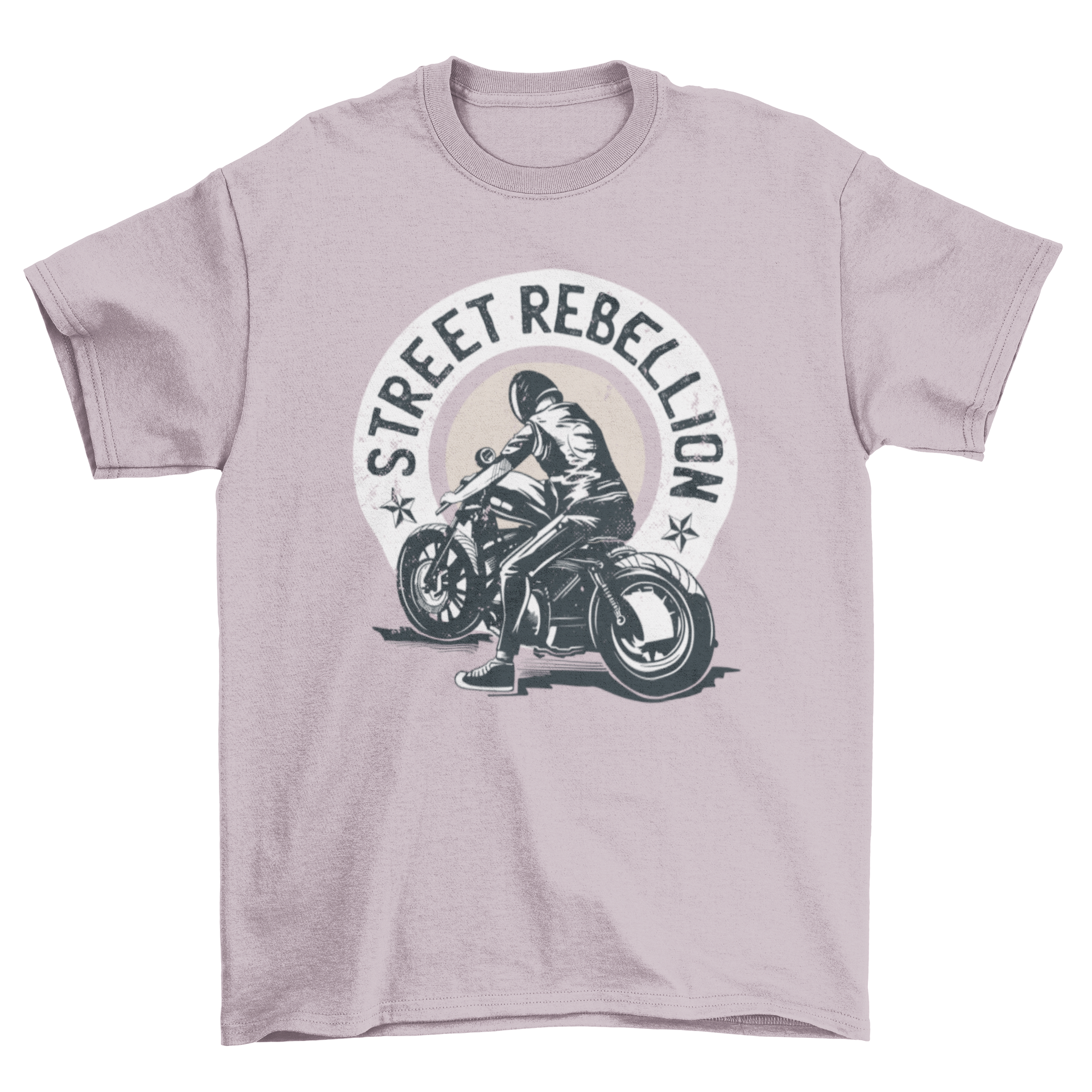 A stylish T-shirt featuring a biker riding a motorcycle with the quote STREET REBELLION, showcasing a bold and adventurous design.