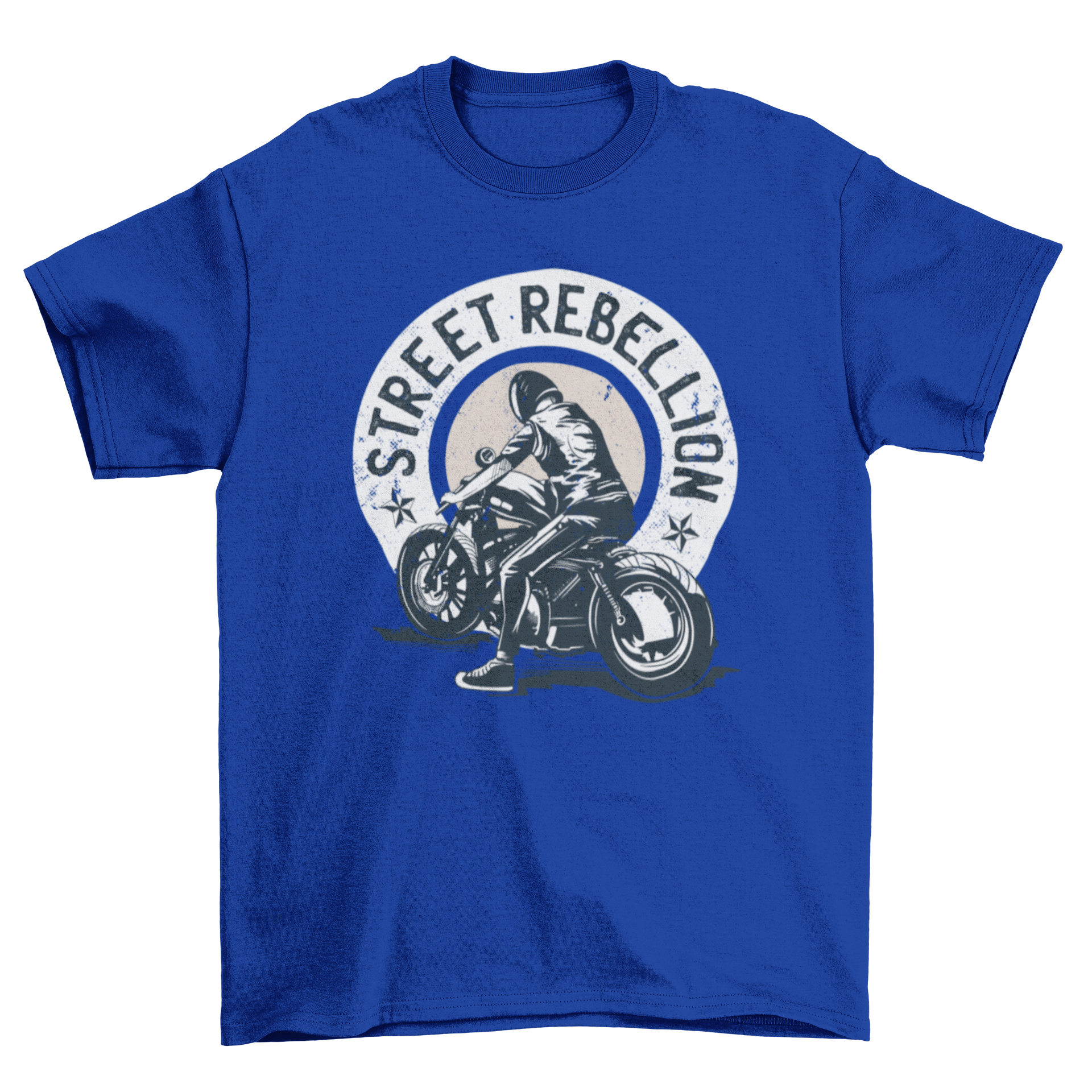 A stylish T-shirt featuring a biker riding a motorcycle with the quote STREET REBELLION, showcasing a bold and adventurous design.