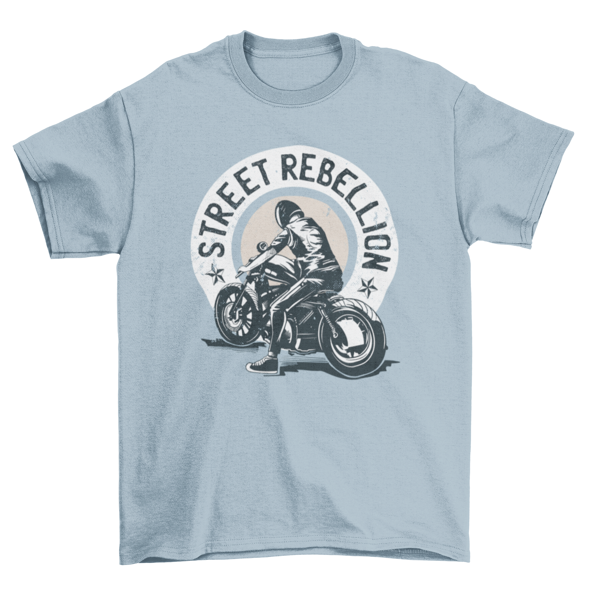 A stylish T-shirt featuring a biker riding a motorcycle with the quote STREET REBELLION, showcasing a bold and adventurous design.