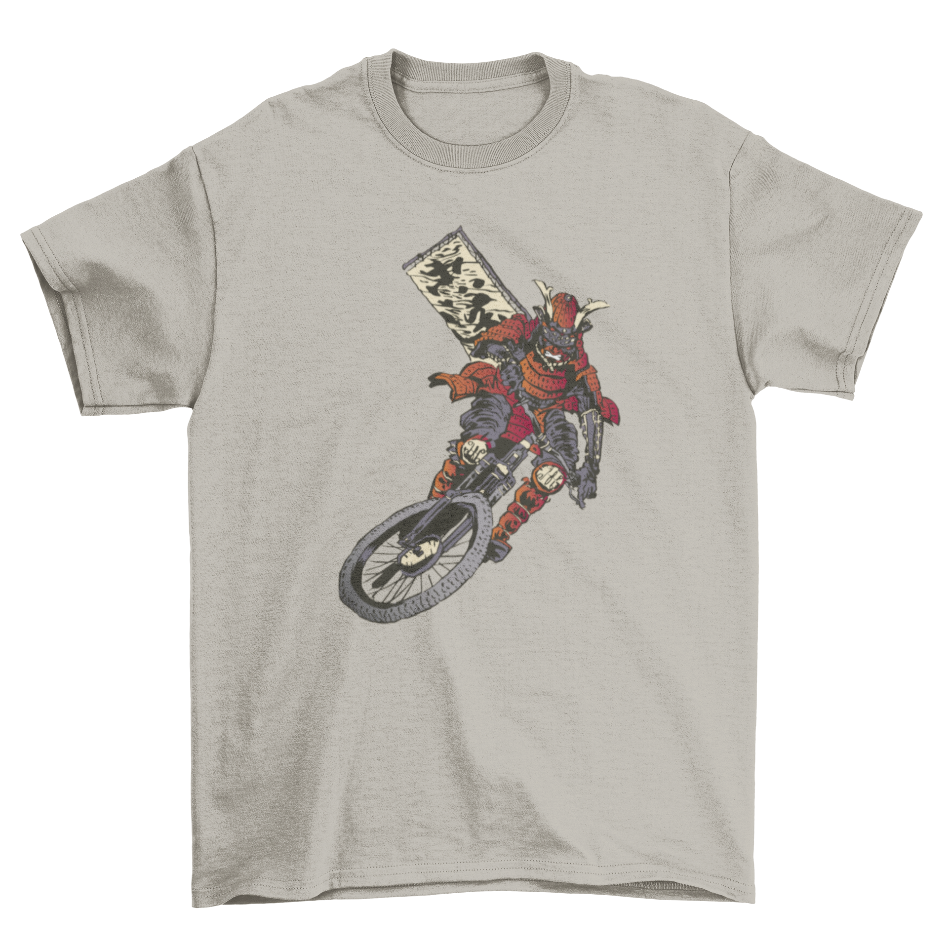 Biker Samurai T-shirt featuring a samurai riding a motorcycle in a dynamic design.