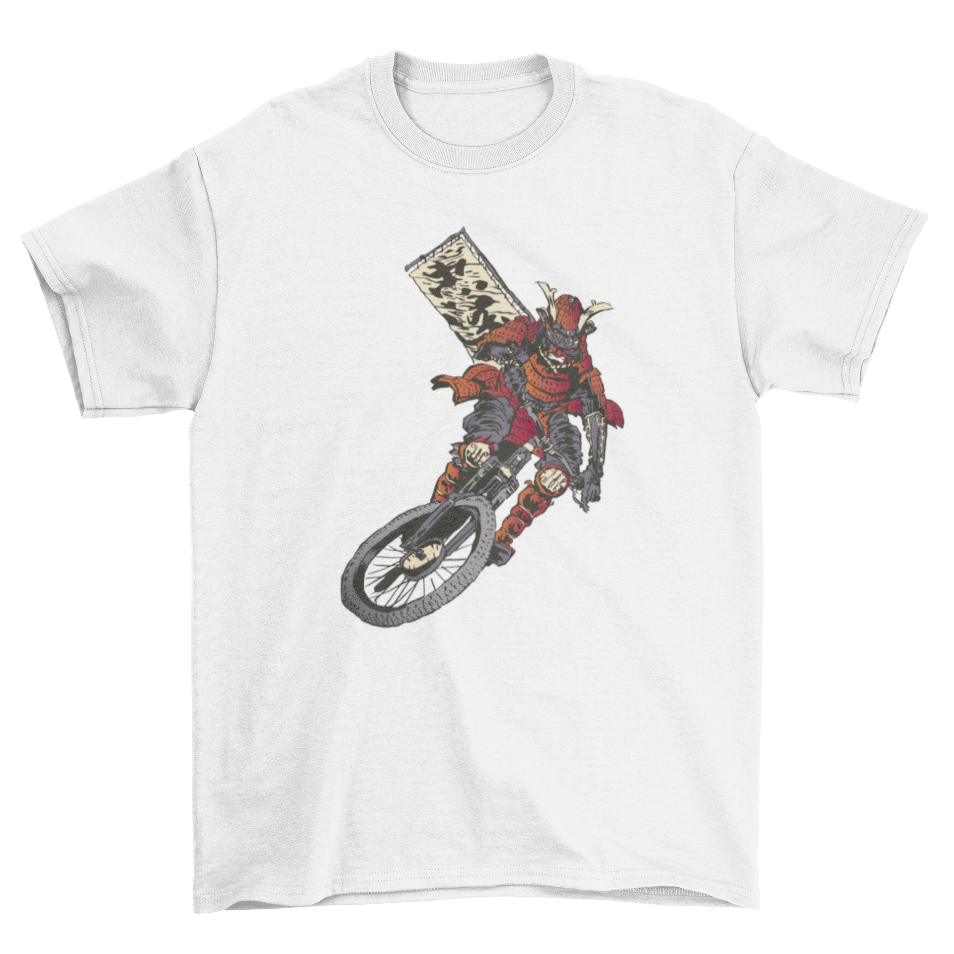 Biker Samurai T-shirt featuring a samurai riding a motorcycle in a dynamic design.