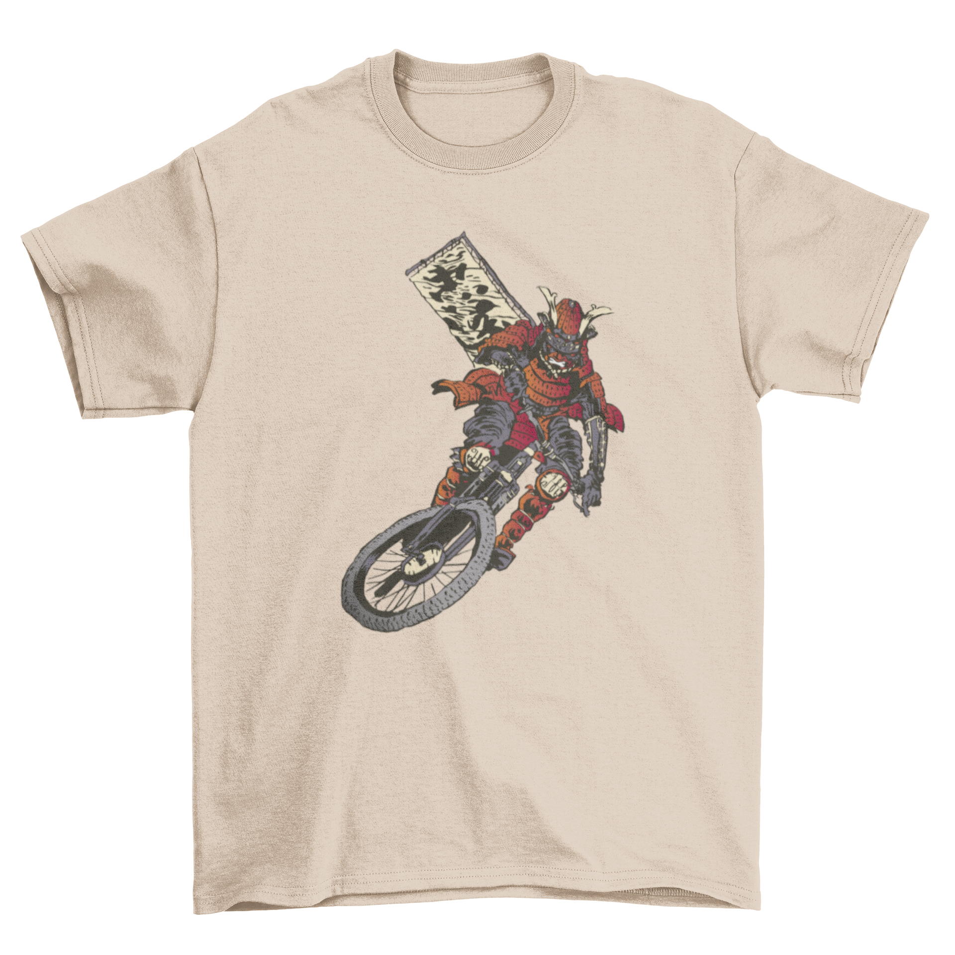 Biker Samurai T-shirt featuring a samurai riding a motorcycle in a dynamic design.