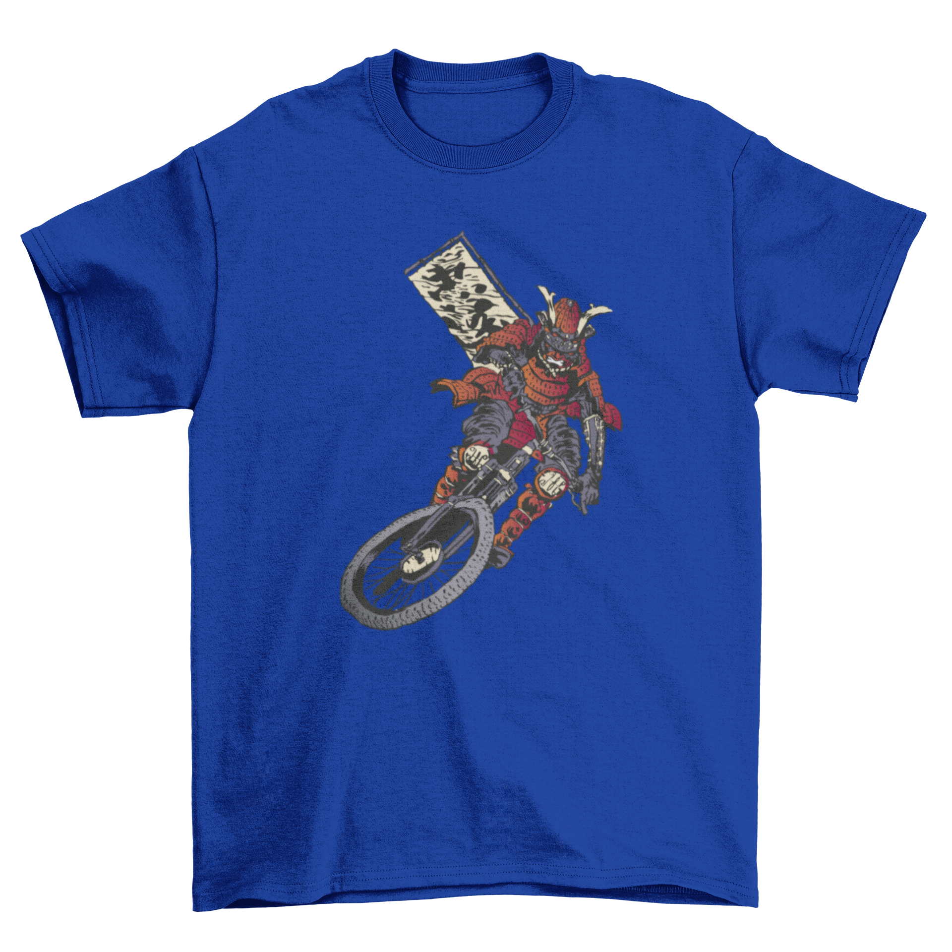 Biker Samurai T-shirt featuring a samurai riding a motorcycle in a dynamic design.