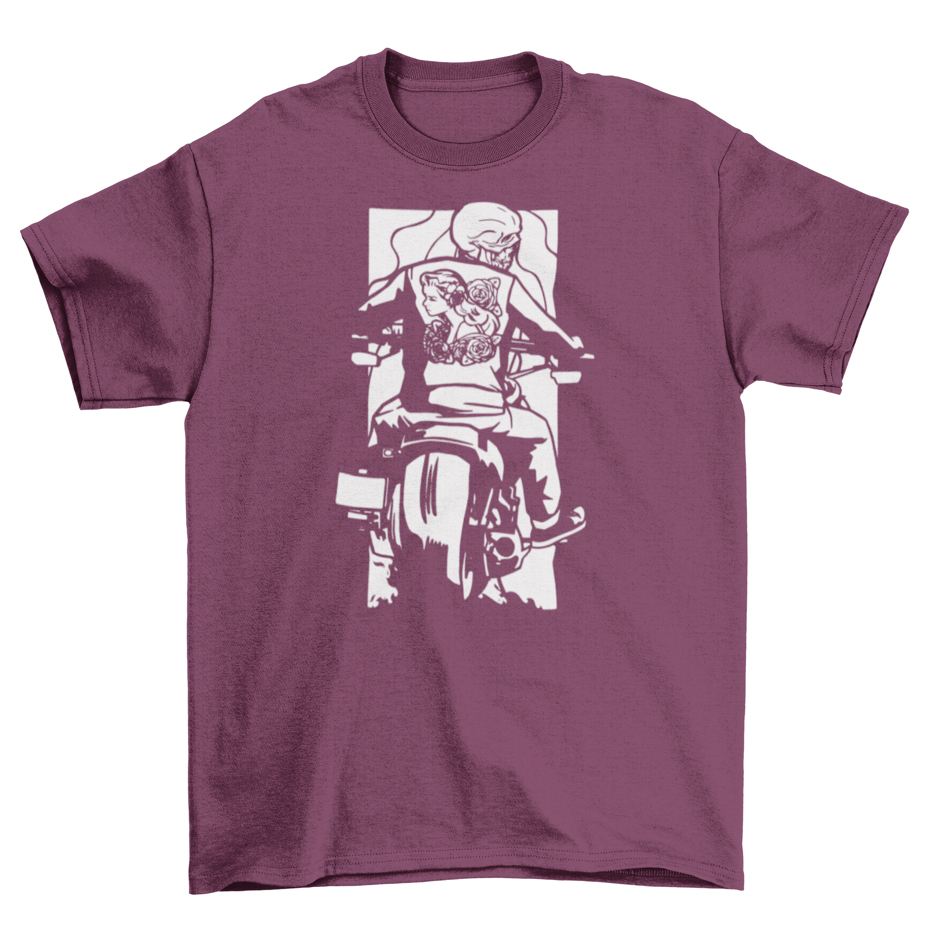 Biker skeleton t-shirt featuring a skeleton riding a motorbike in black and white design, perfect for motorcycle enthusiasts.