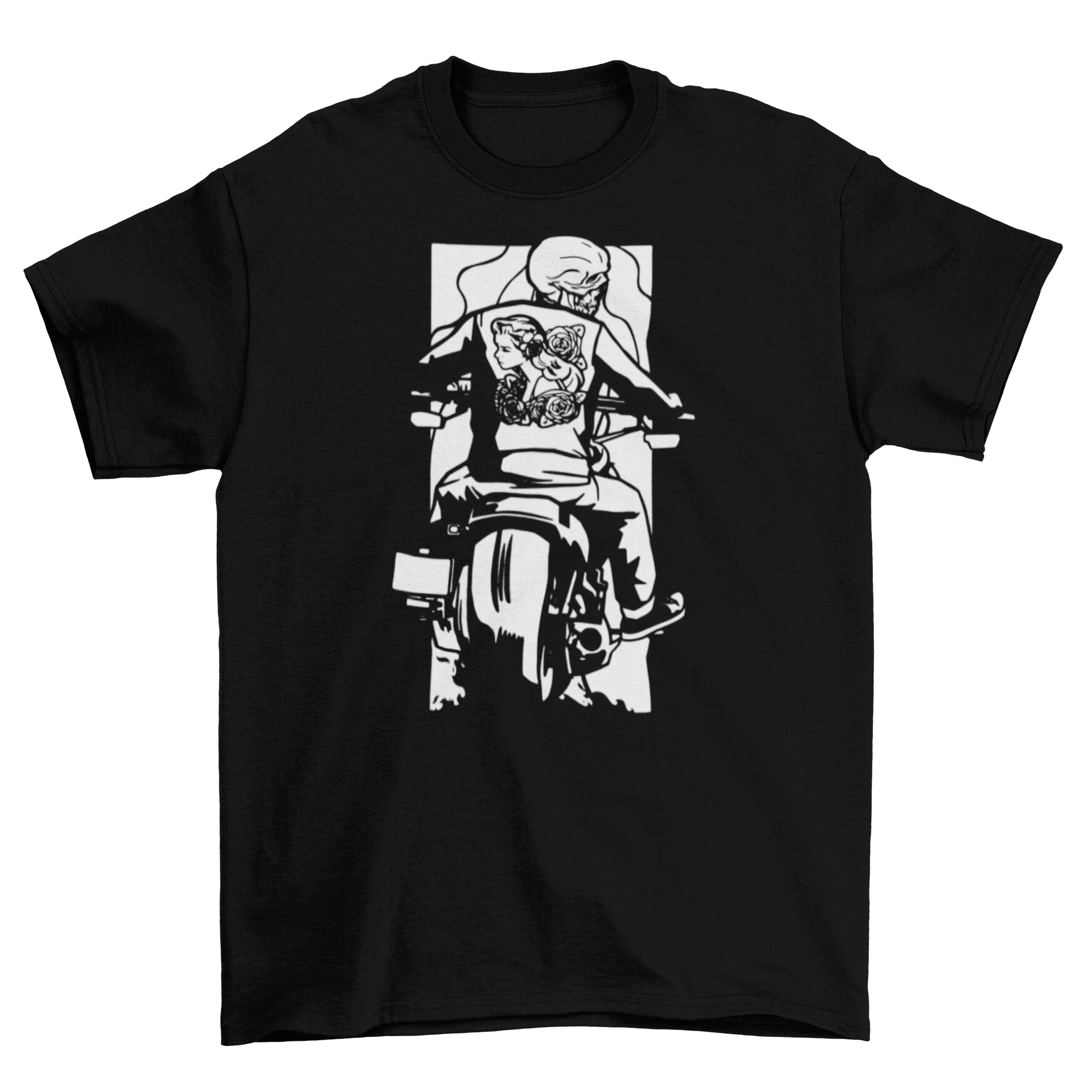 Biker skeleton t-shirt featuring a skeleton riding a motorbike in black and white design, perfect for motorcycle enthusiasts.