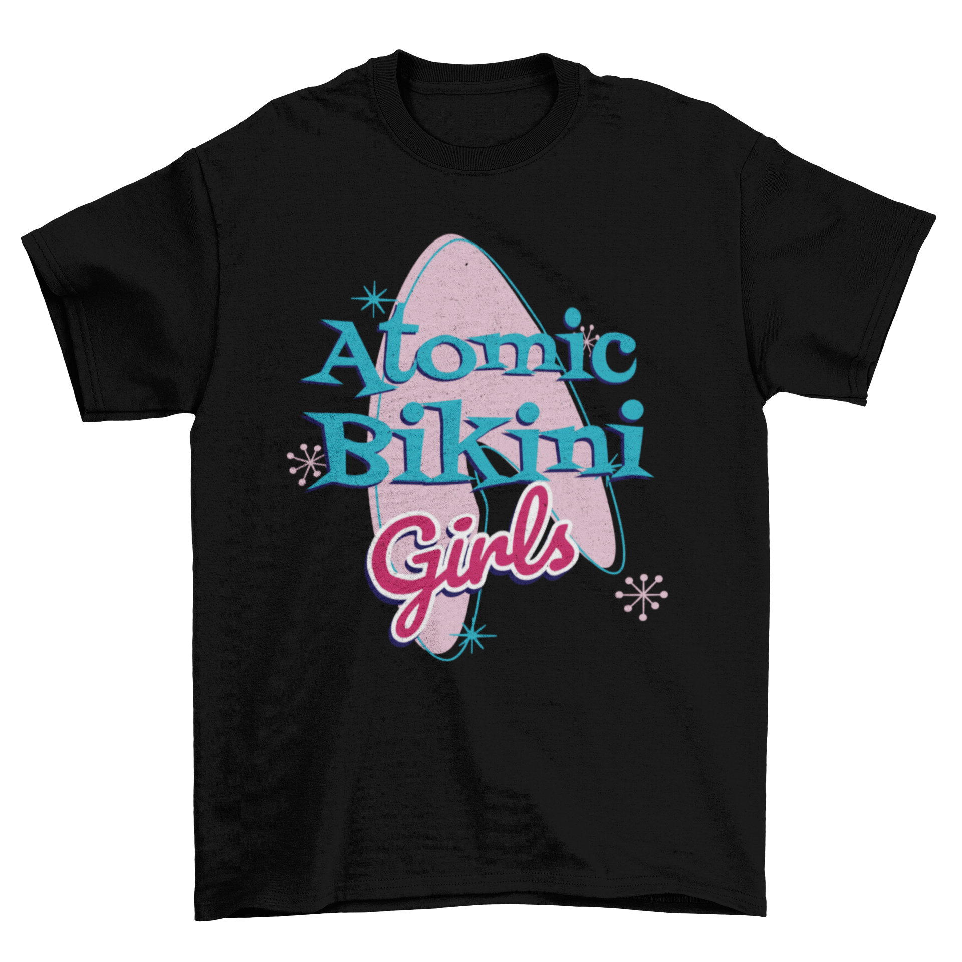 Bikini Girls t-shirt featuring the quote 'Atomis Bikini Girls' in vibrant colors on soft fabric.