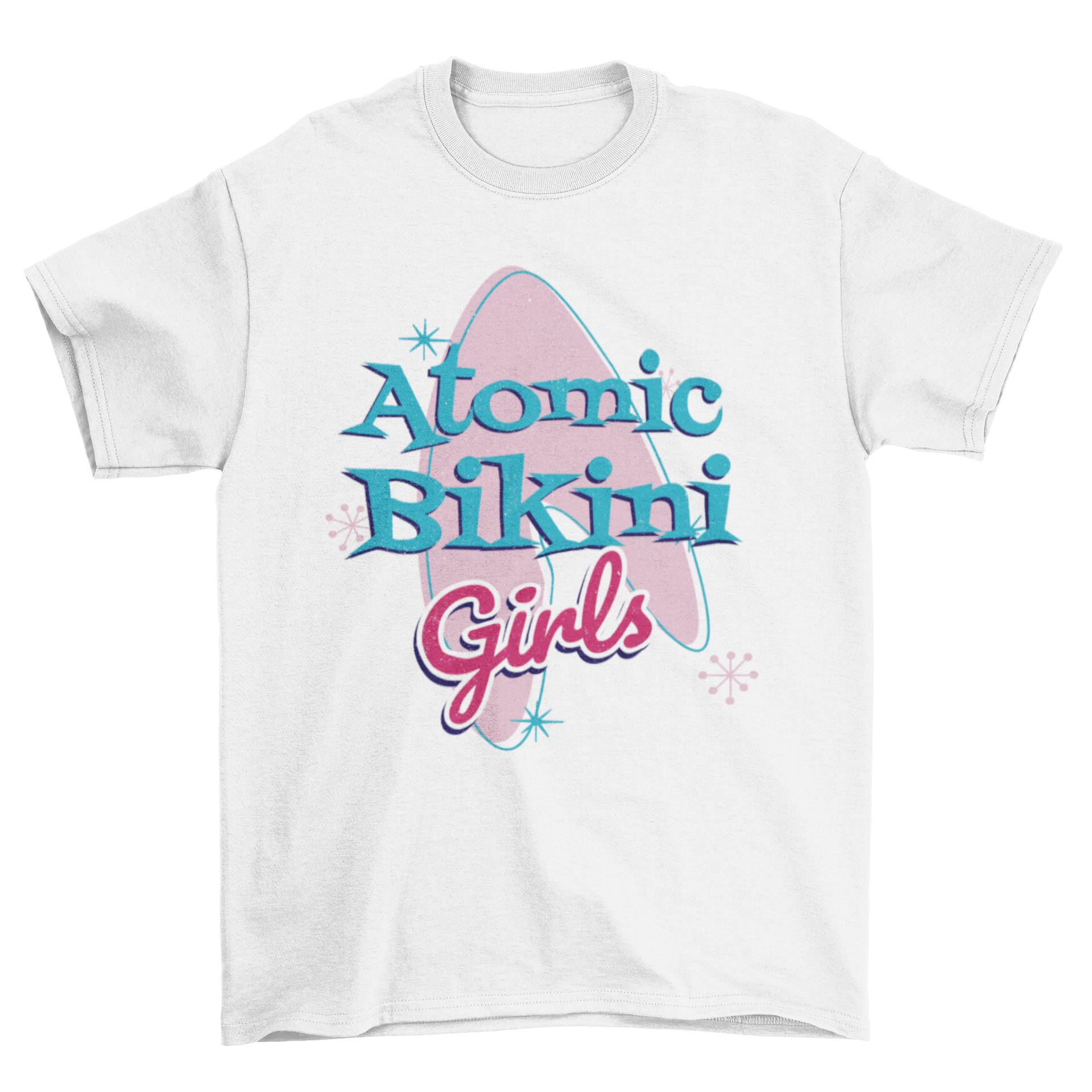 Bikini Girls t-shirt featuring the quote 'Atomis Bikini Girls' in vibrant colors on soft fabric.