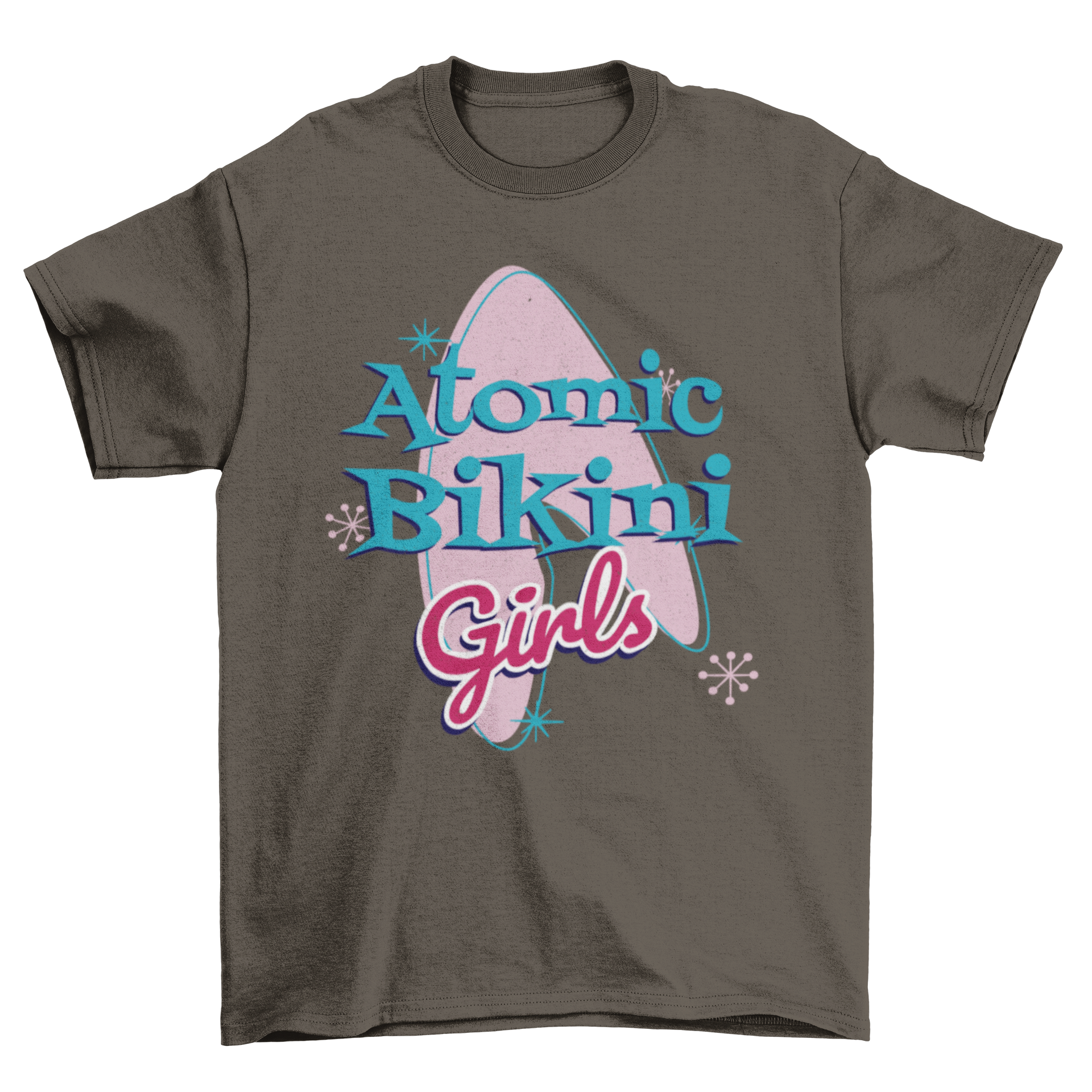 Bikini Girls t-shirt featuring the quote 'Atomis Bikini Girls' in vibrant colors on soft fabric.