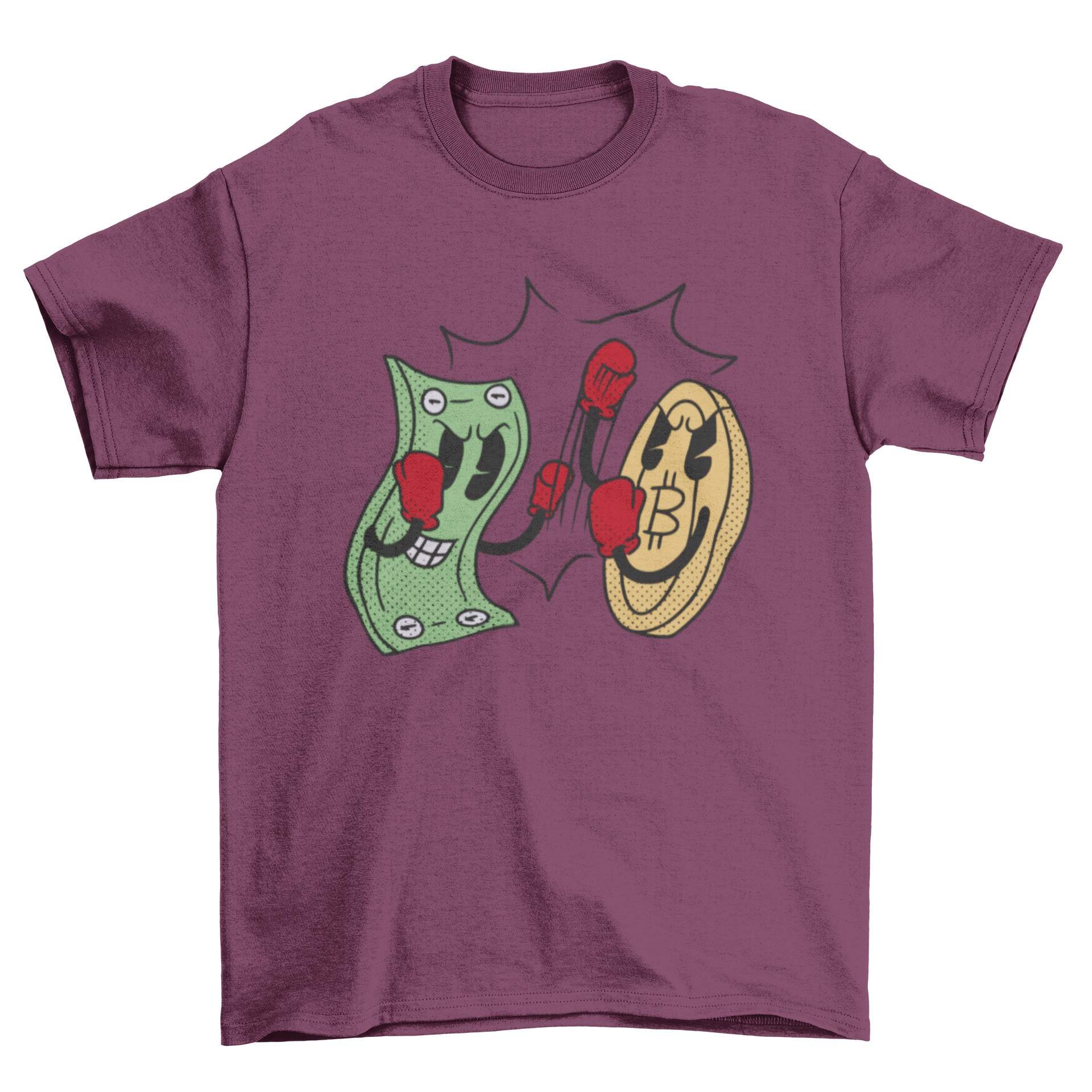 A playful cartoon design of a bill boxing against a cryptocurrency coin on a t-shirt.