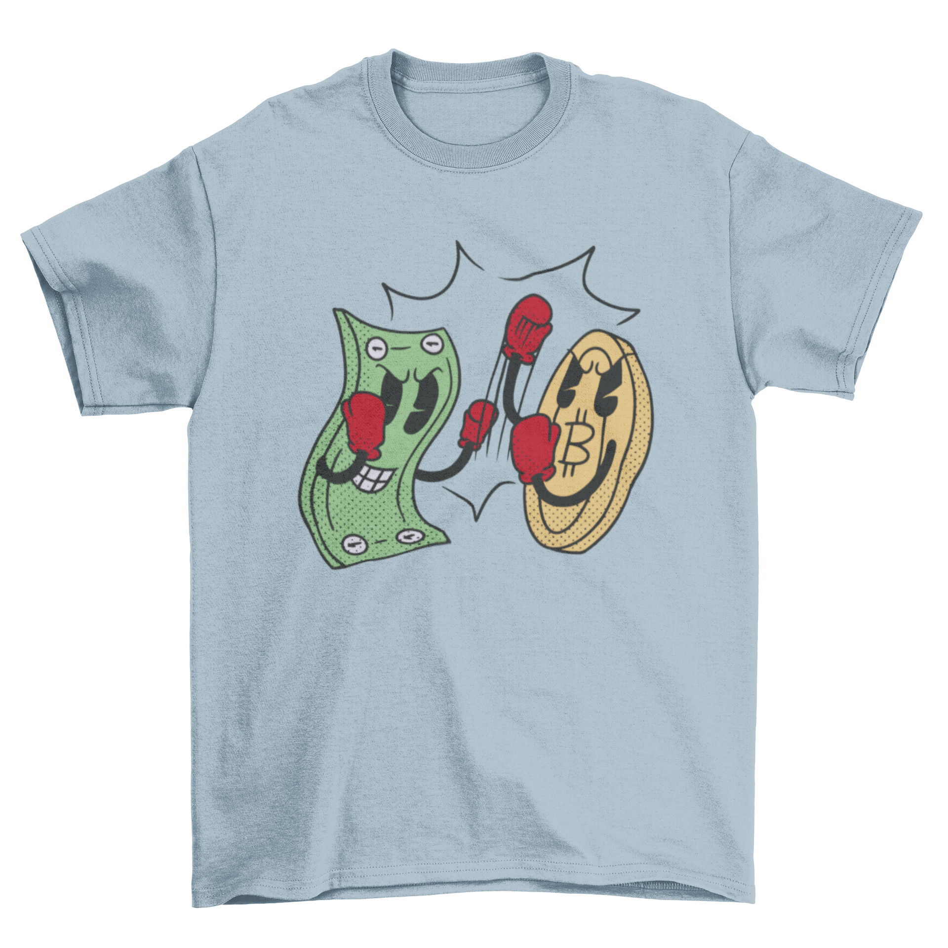 A playful cartoon design of a bill boxing against a cryptocurrency coin on a t-shirt.