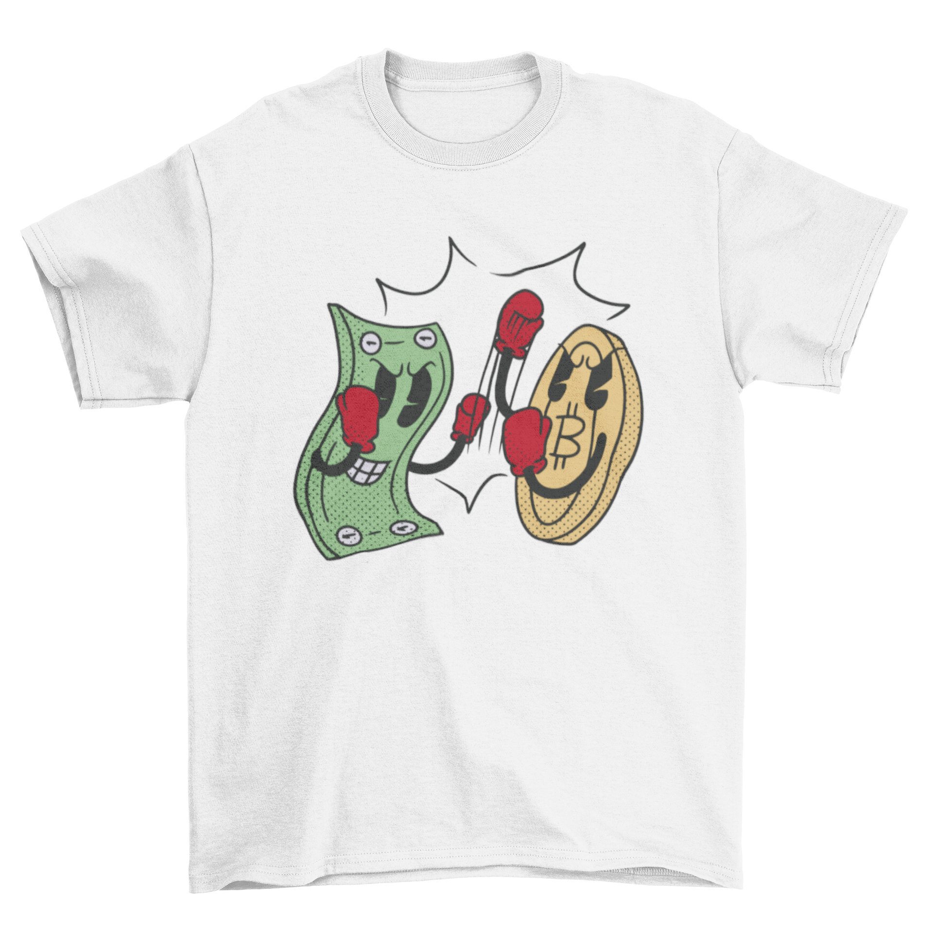 A playful cartoon design of a bill boxing against a cryptocurrency coin on a t-shirt.