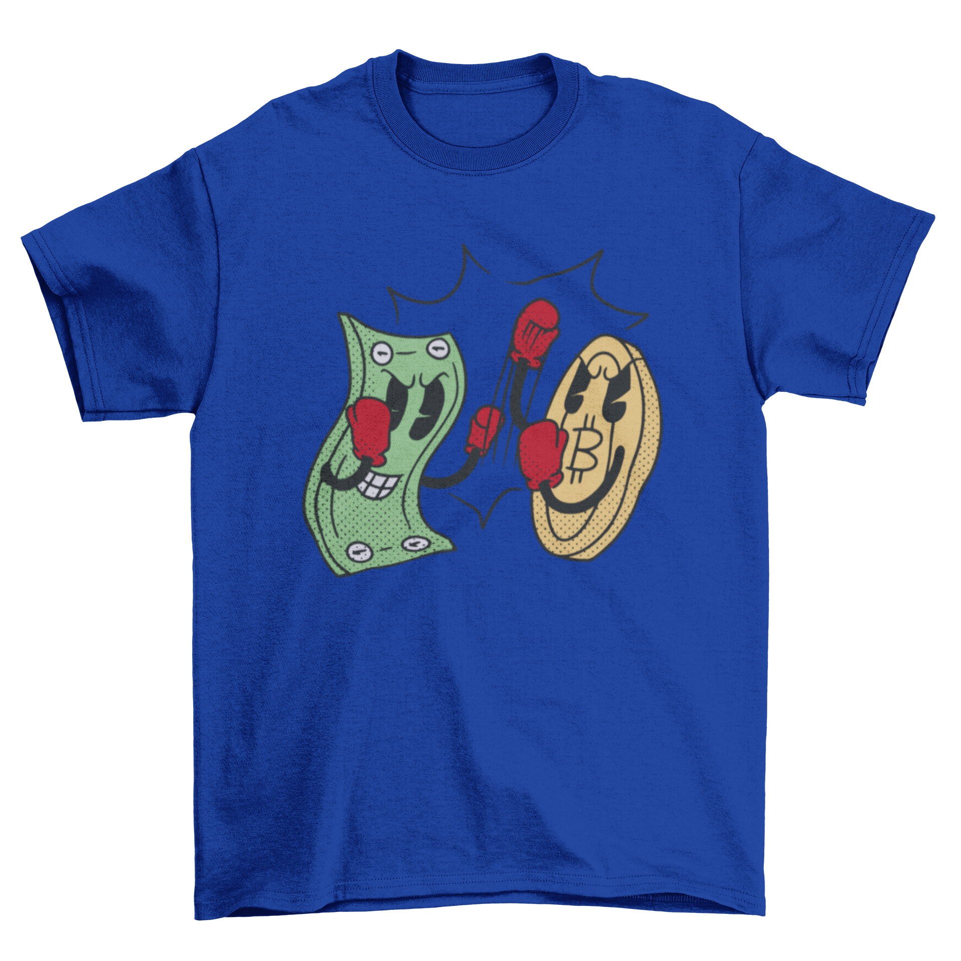 A playful cartoon design of a bill boxing against a cryptocurrency coin on a t-shirt.