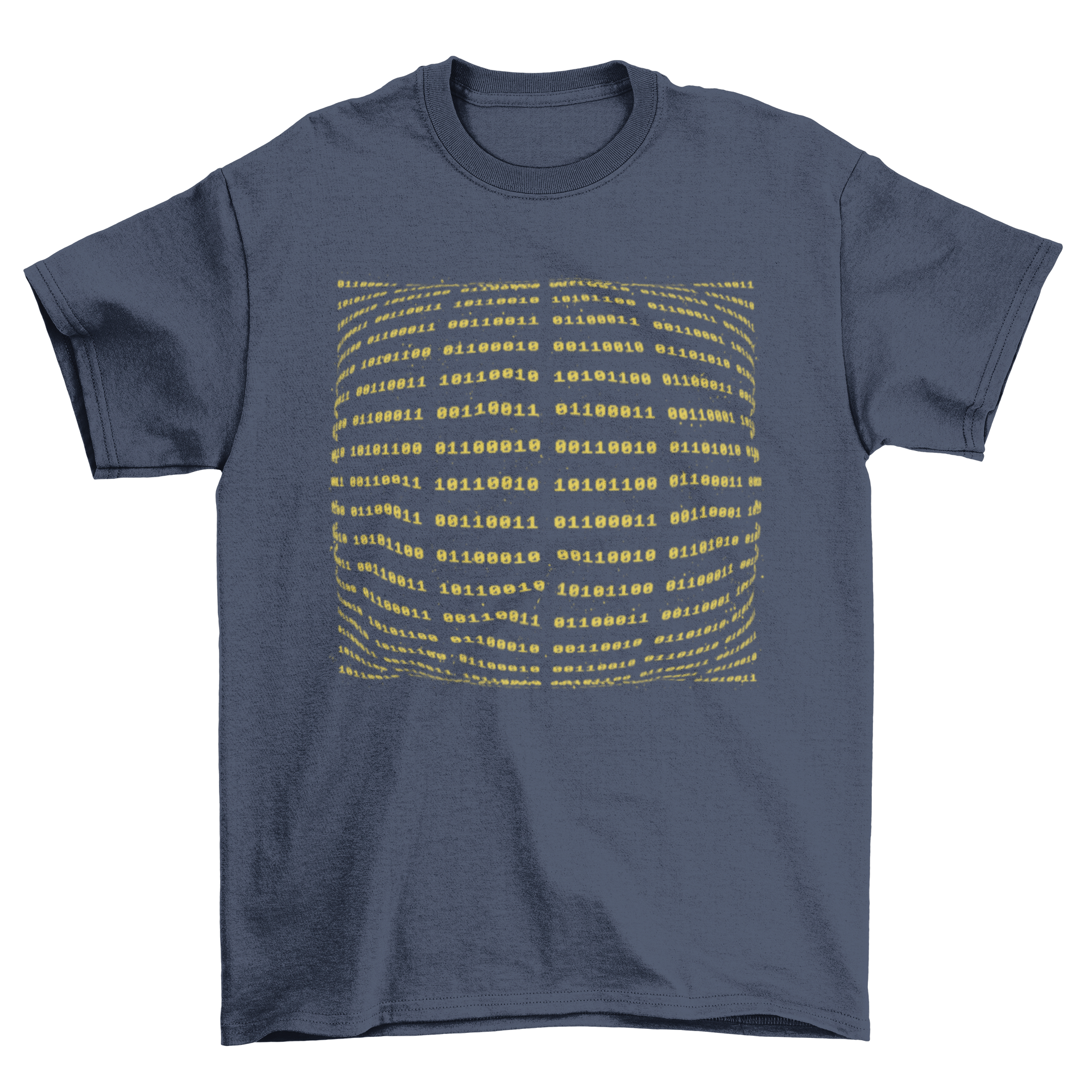 A stylish black t-shirt featuring a unique binary code design, perfect for tech enthusiasts.