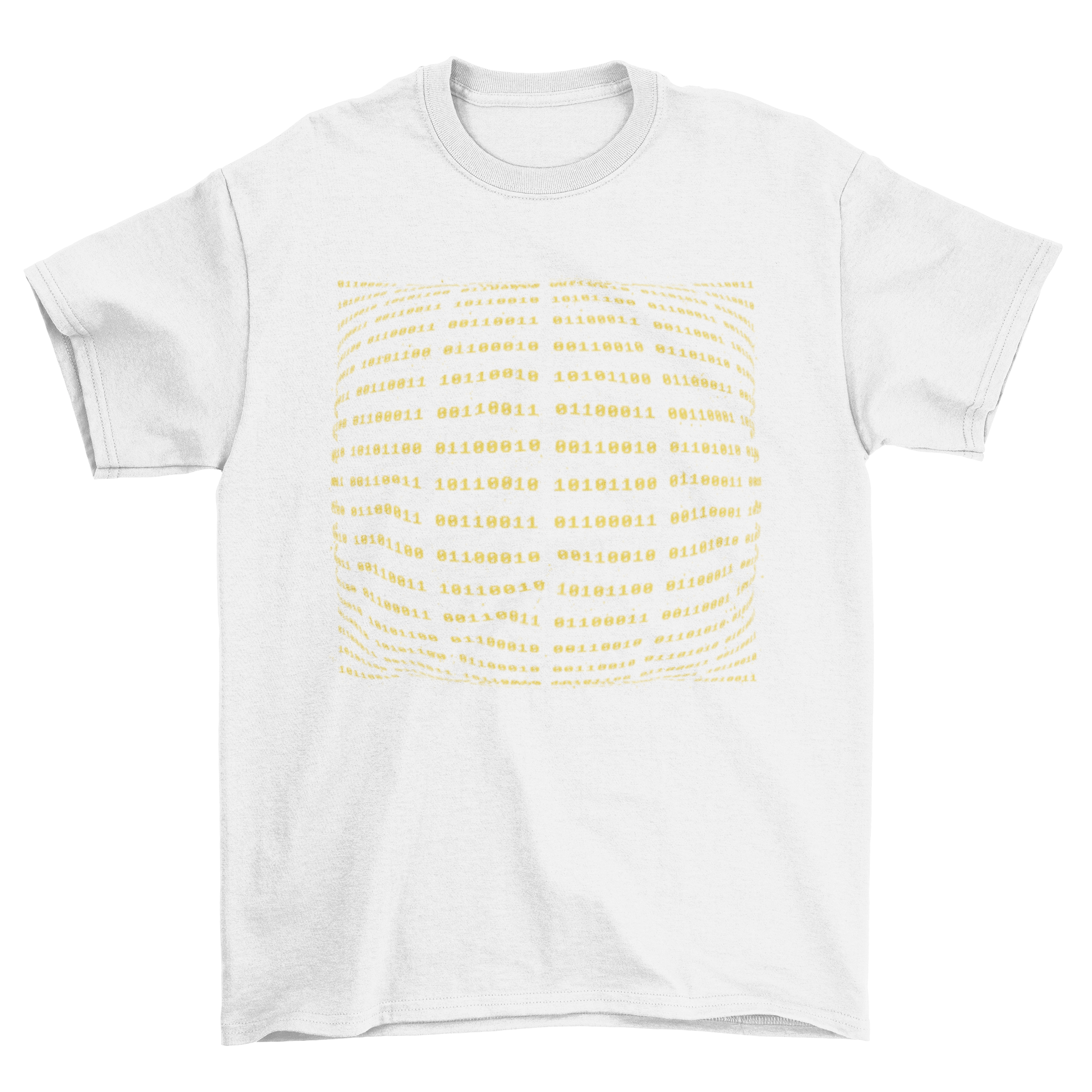 A stylish black t-shirt featuring a unique binary code design, perfect for tech enthusiasts.