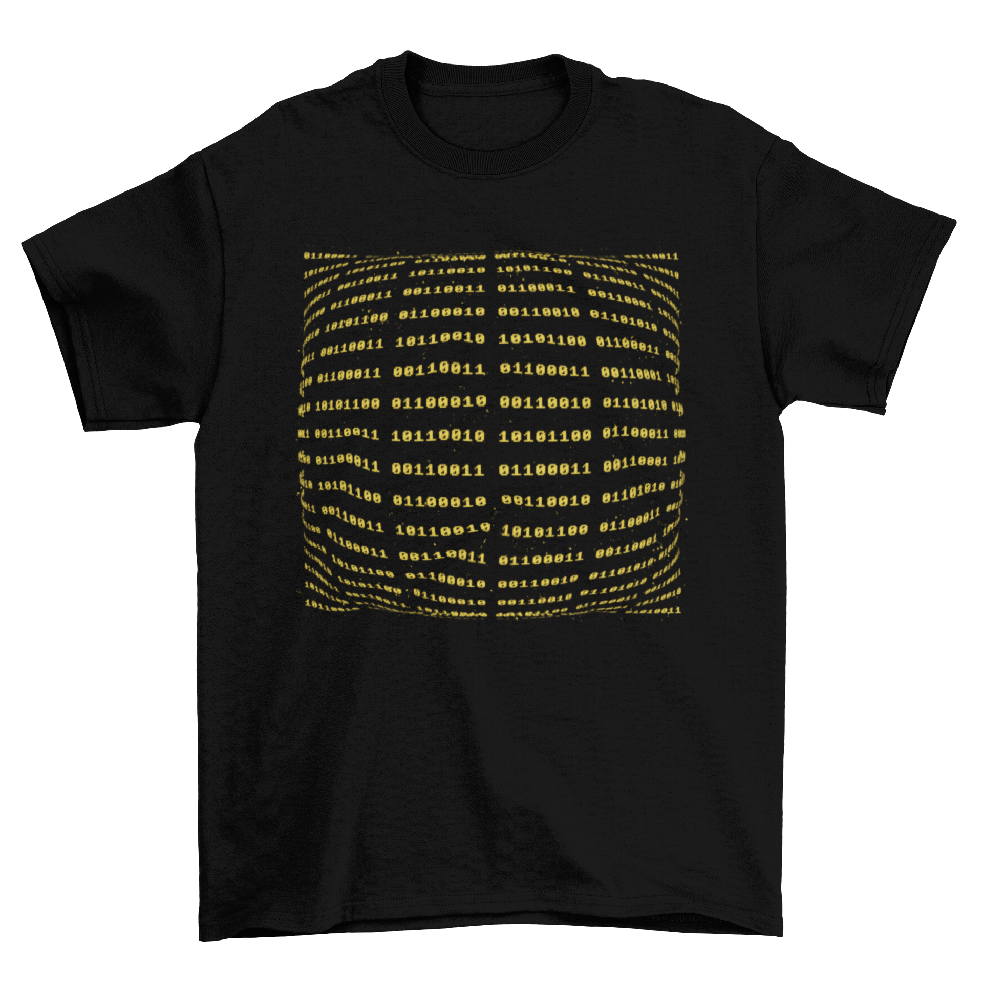 A stylish black t-shirt featuring a unique binary code design, perfect for tech enthusiasts.