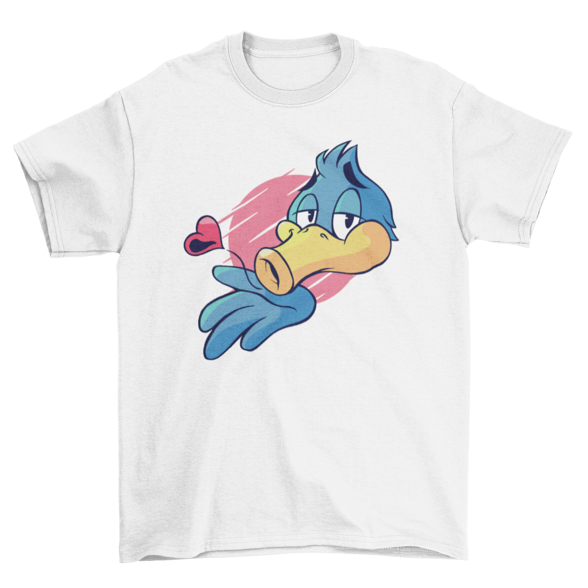 A humorous t-shirt featuring a bird blowing a kiss with a heart shape, perfect for casual wear.