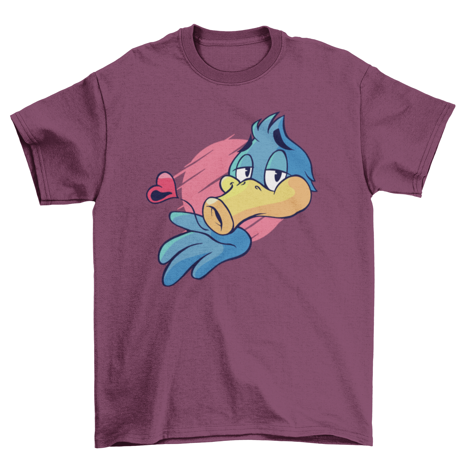 A humorous t-shirt featuring a bird blowing a kiss with a heart shape, perfect for casual wear.