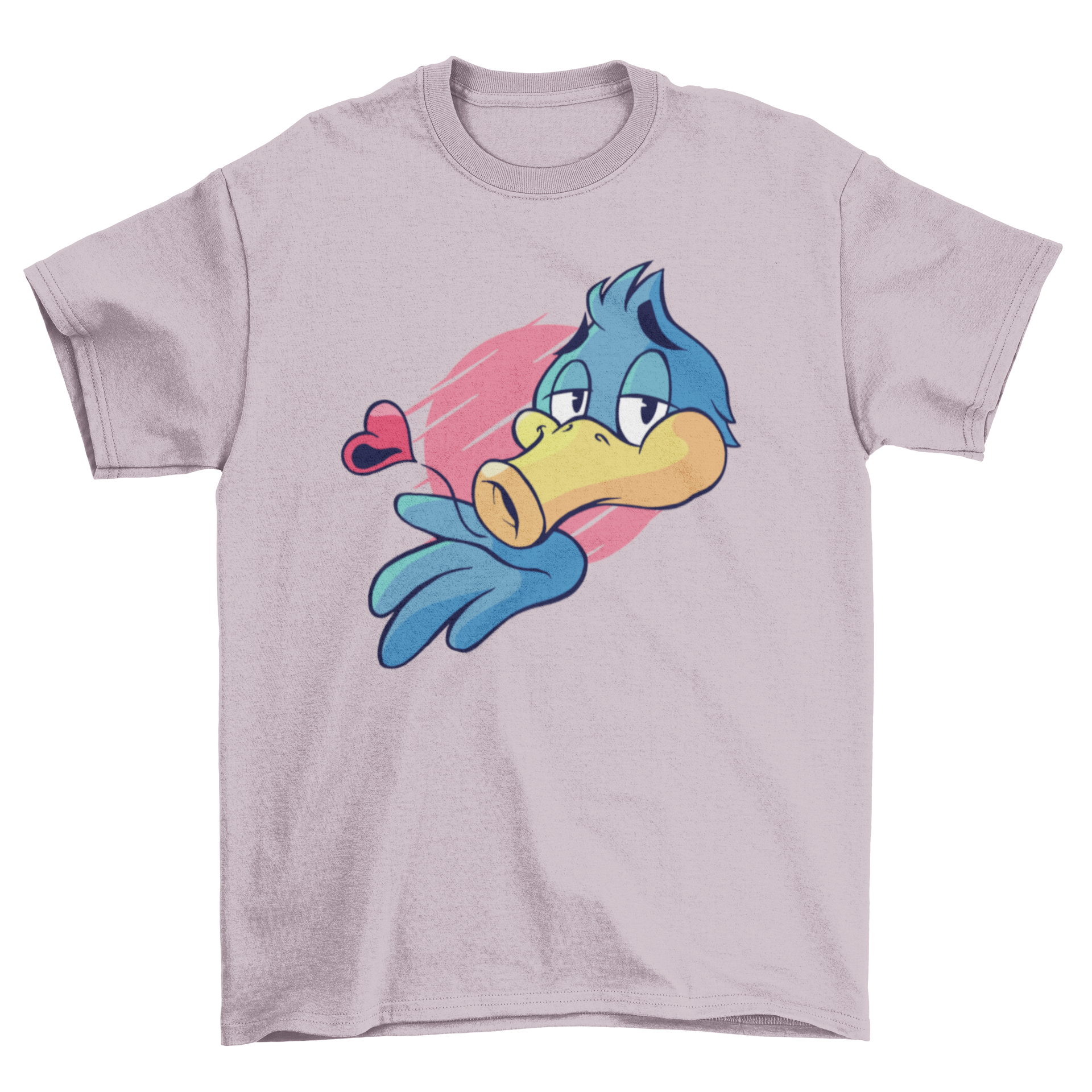 A humorous t-shirt featuring a bird blowing a kiss with a heart shape, perfect for casual wear.