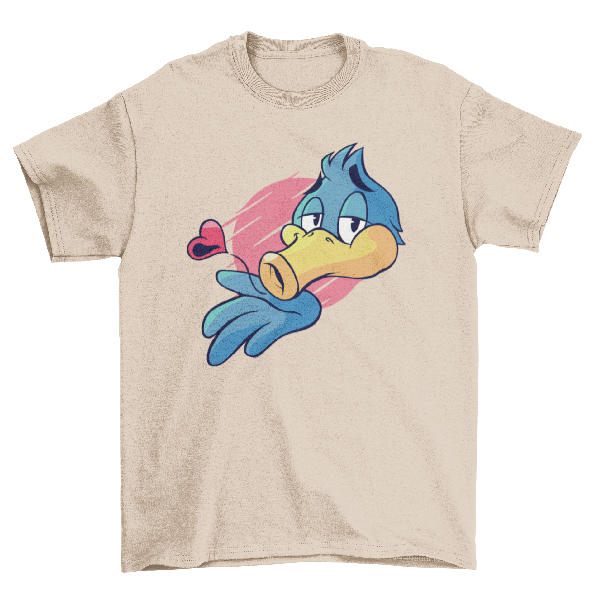 A humorous t-shirt featuring a bird blowing a kiss with a heart shape, perfect for casual wear.