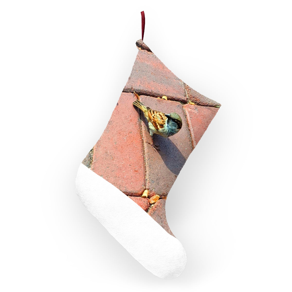 A cozy Bird Christmas Stocking made of soft polyester fleece, featuring a festive bird design and a twill ribbon loop for hanging.