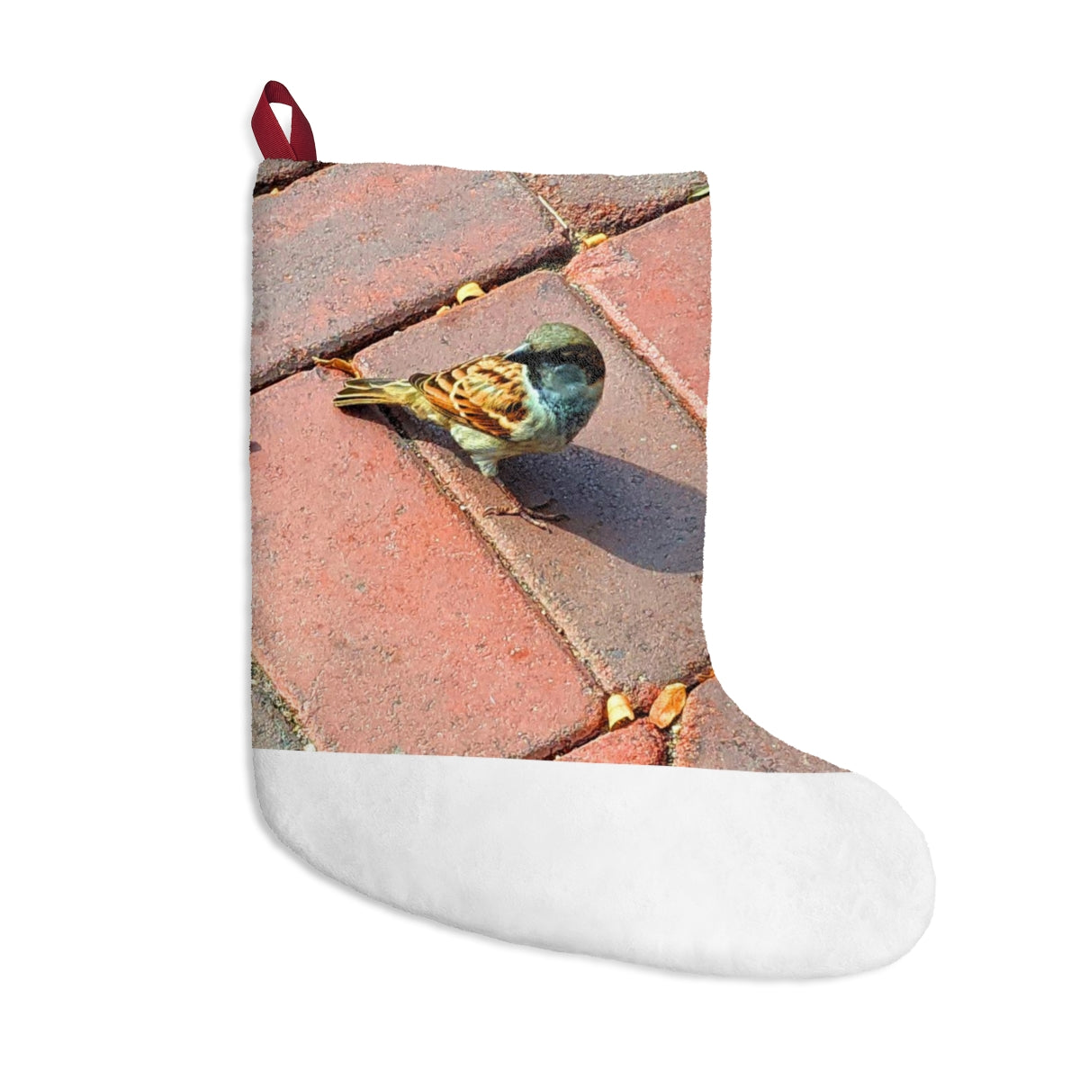 A cozy Bird Christmas Stocking made of soft polyester fleece, featuring a festive bird design and a twill ribbon loop for hanging.