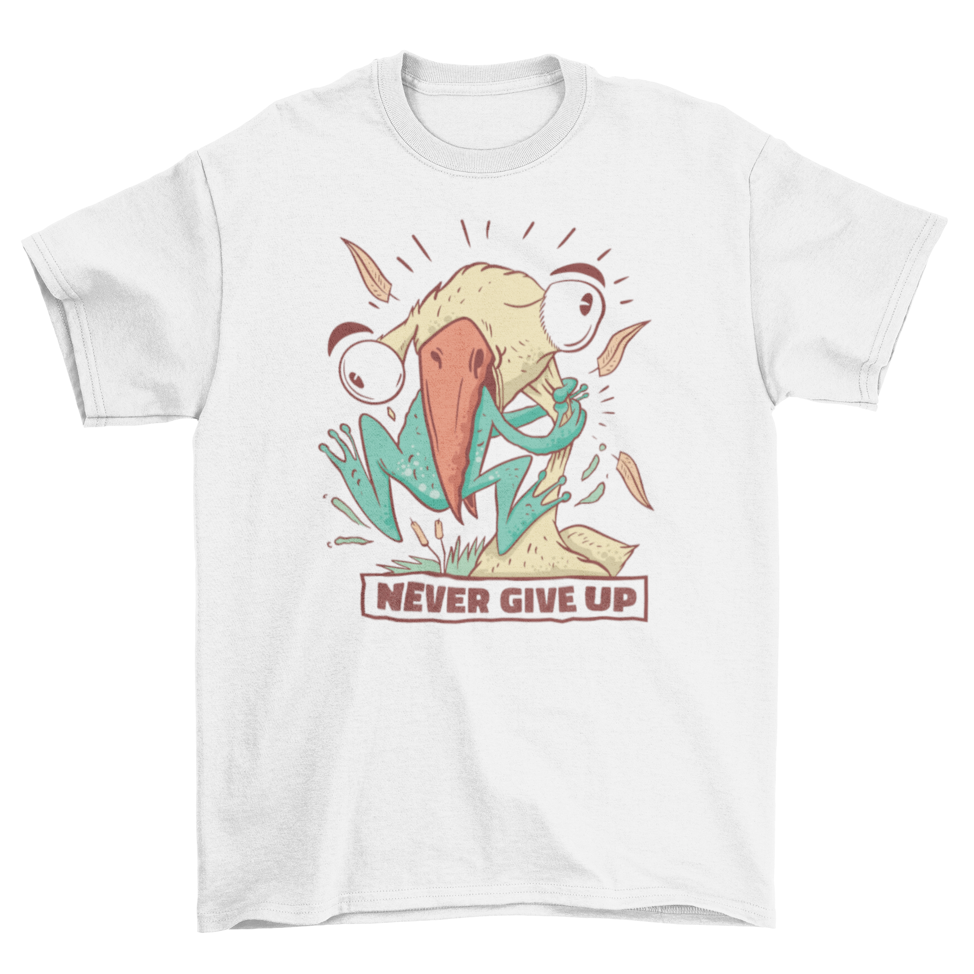 A humorous t-shirt featuring a colorful illustration of a bird eating a frog with the quote 'Never give up'.