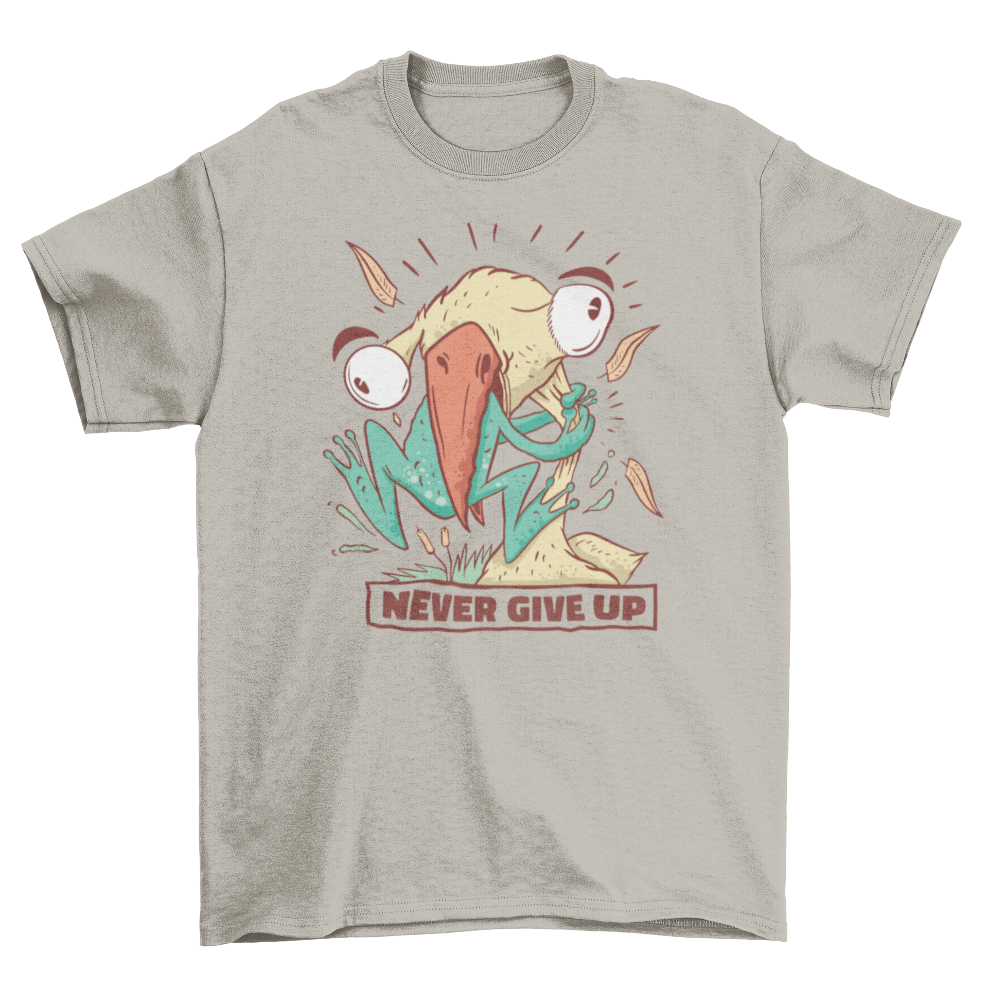 A humorous t-shirt featuring a colorful illustration of a bird eating a frog with the quote 'Never give up'.