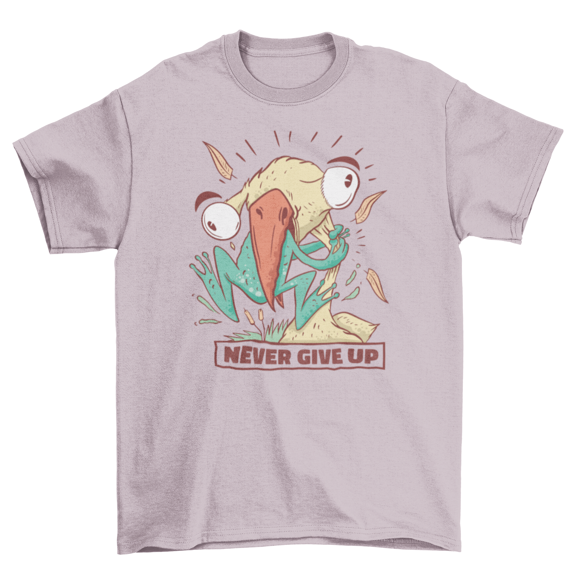 A humorous t-shirt featuring a colorful illustration of a bird eating a frog with the quote 'Never give up'.