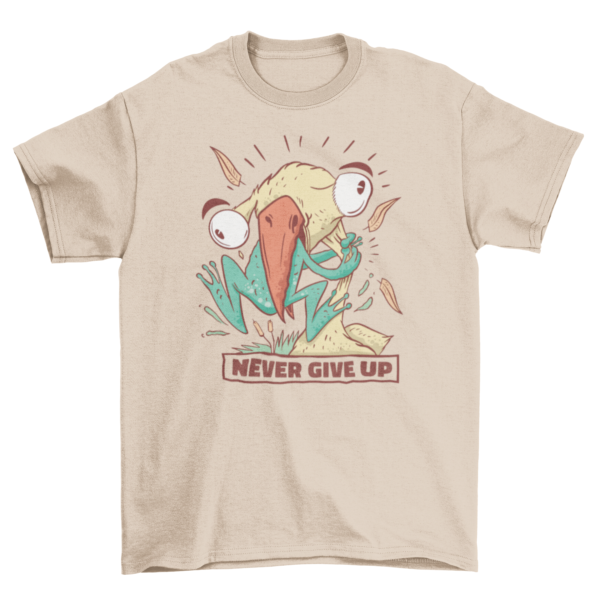 A humorous t-shirt featuring a colorful illustration of a bird eating a frog with the quote 'Never give up'.