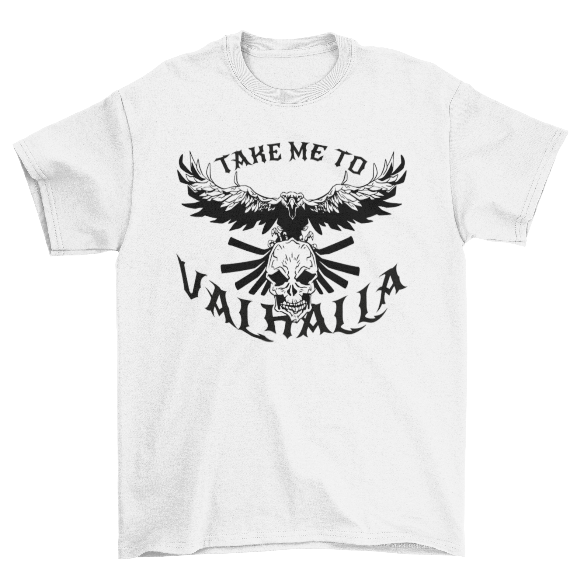 A stylish t-shirt featuring a bird flying over a skull with the quote 'Take me to valhalla', showcasing a unique and edgy design.