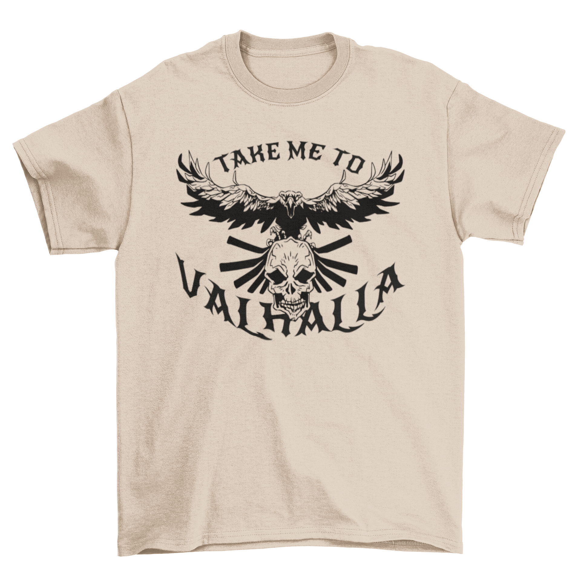 A stylish t-shirt featuring a bird flying over a skull with the quote 'Take me to valhalla', showcasing a unique and edgy design.